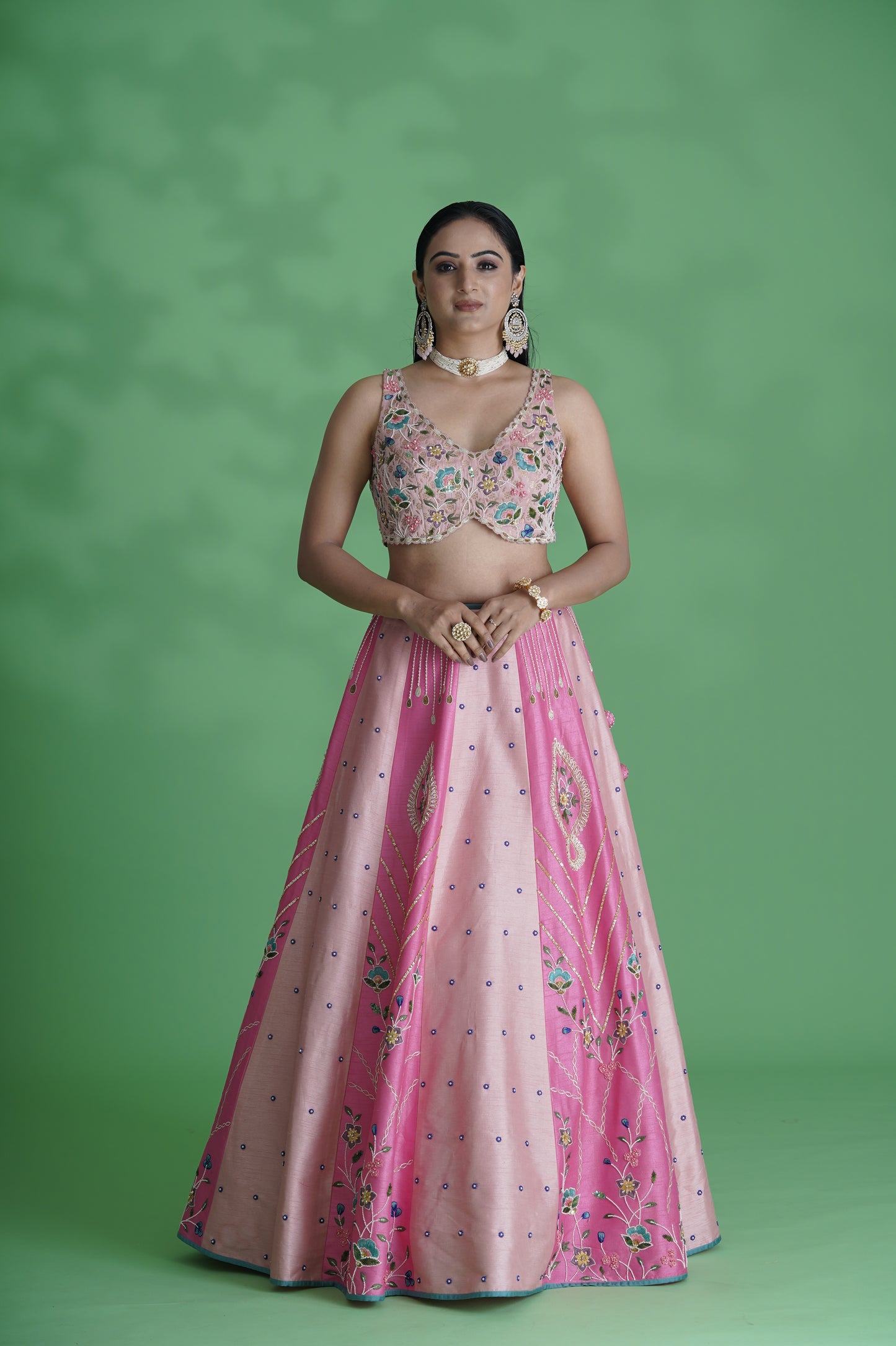 Pink Floral Embroidered Lehengas Set