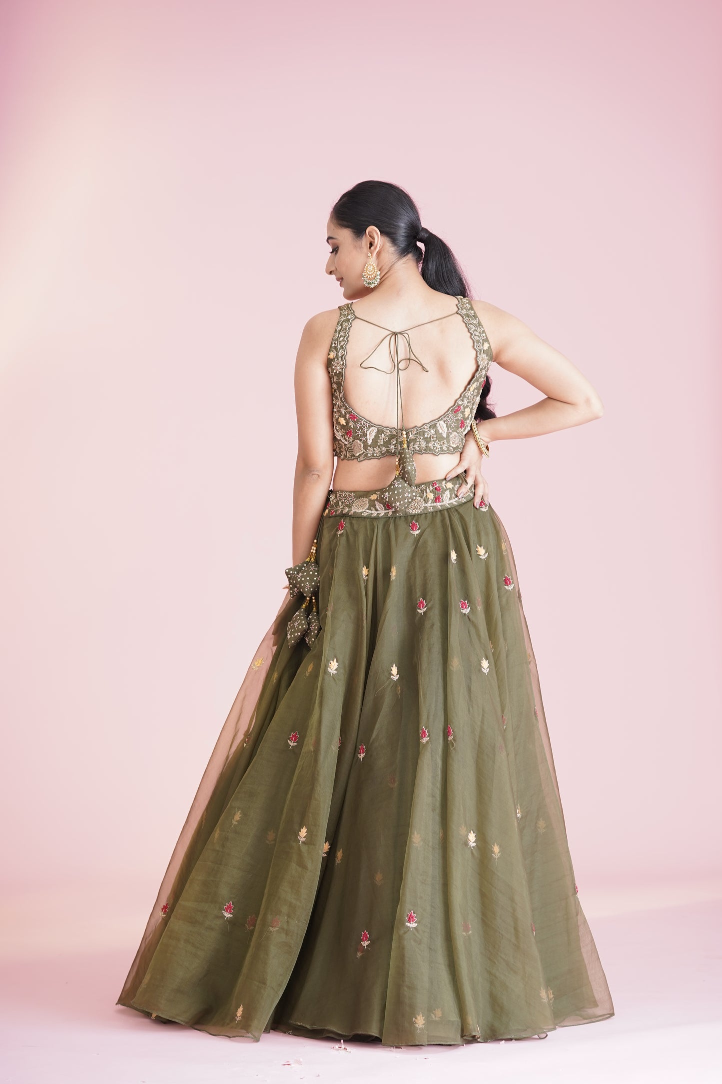 Olive Green Floral Embroidered Lehengas Set