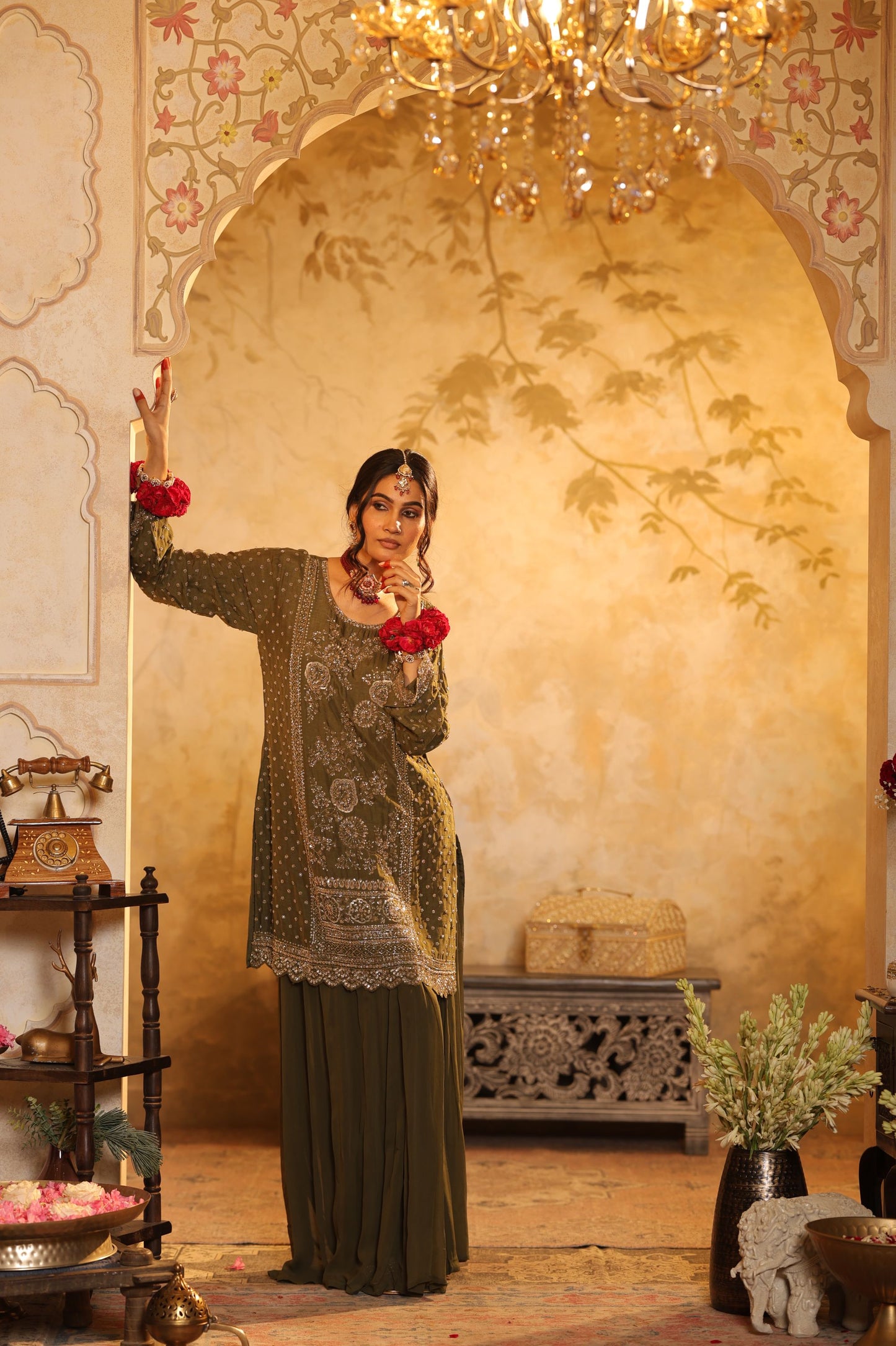 Green Cutdana Embroidered Sharara Kurti Set