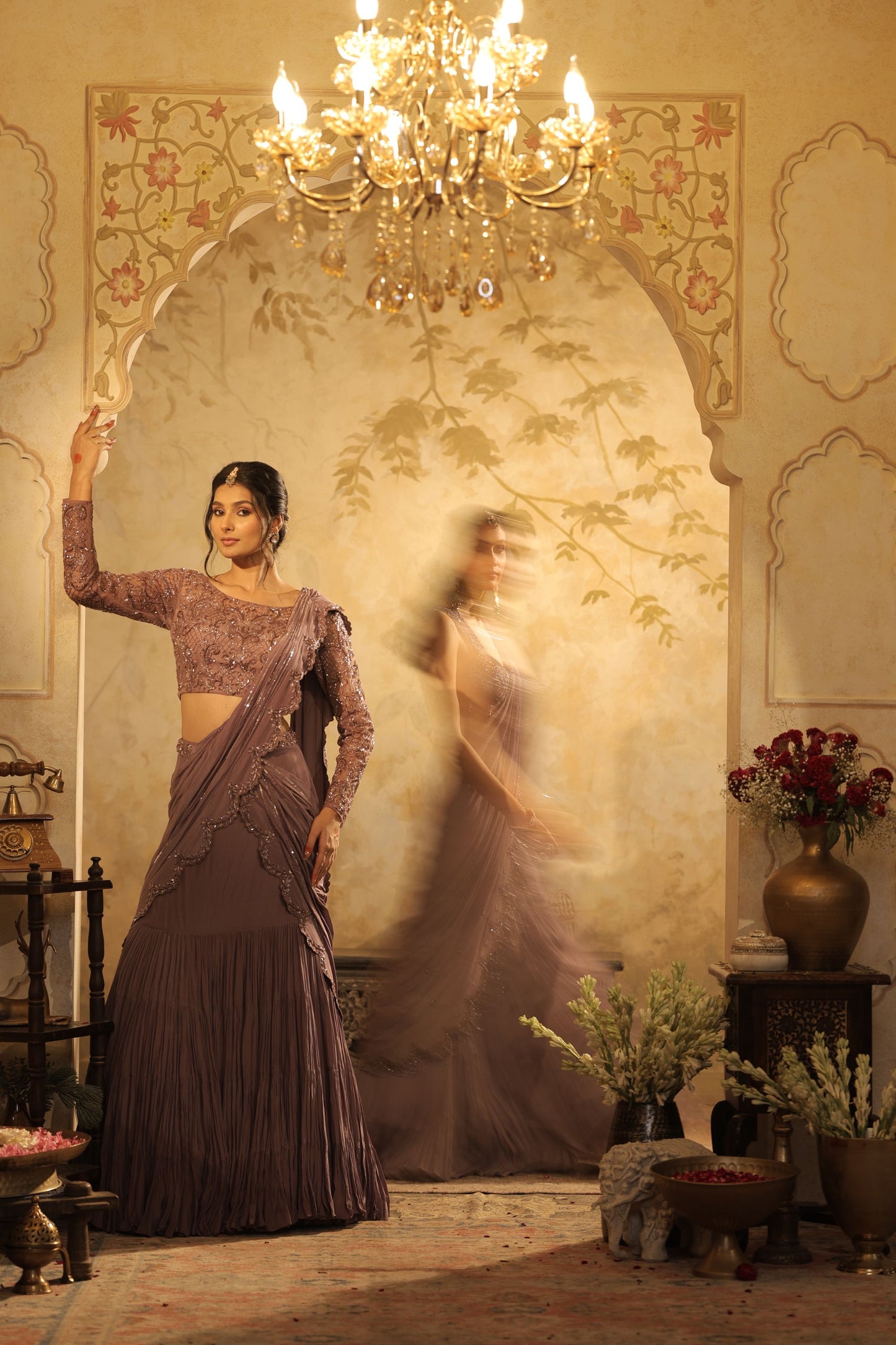 Flowing, Pleated Saree-Style Gown