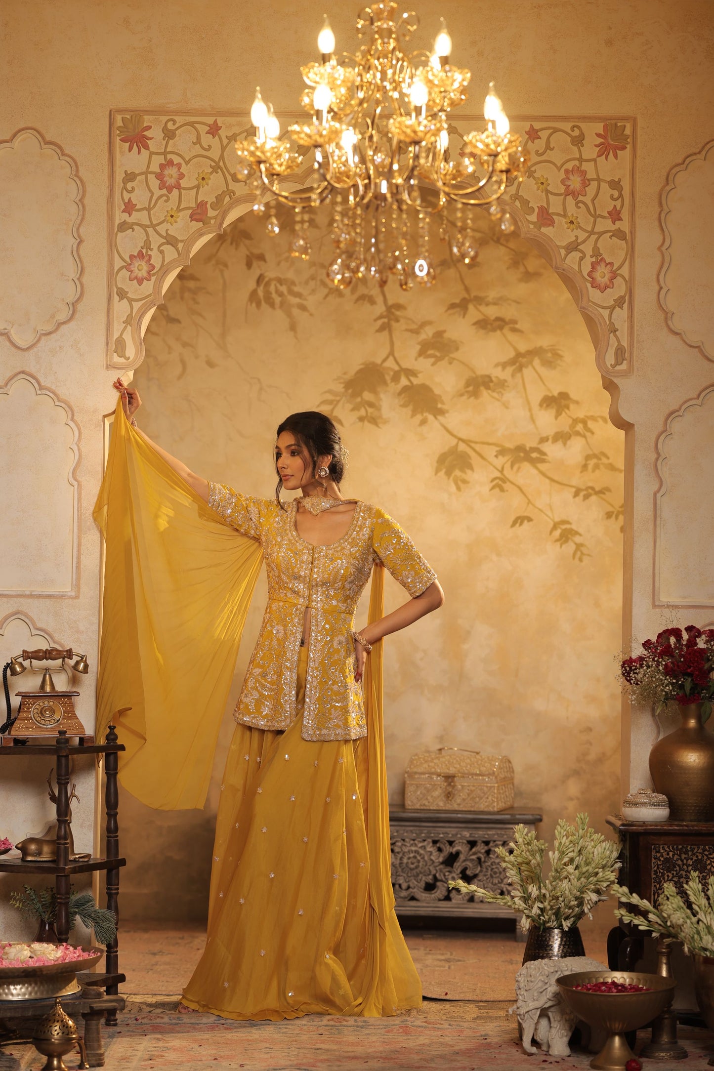 Yellow Cutdana And Sequin Embroidered Sharara Set