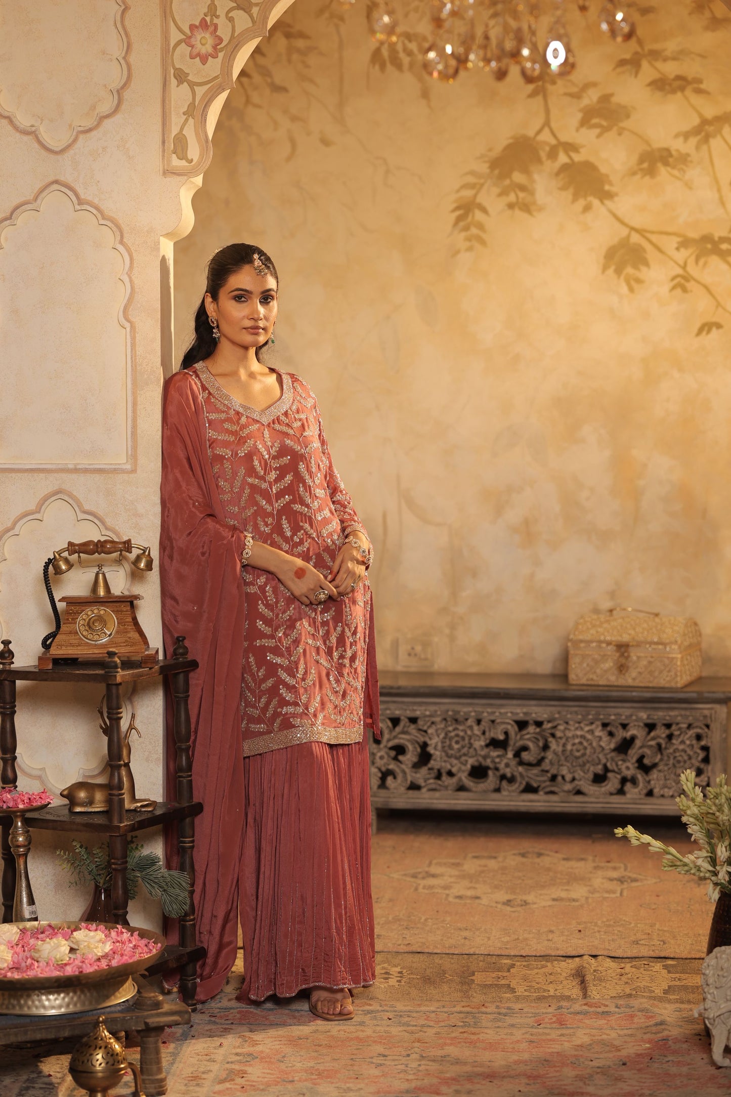 Rust-Colored Kurti Set With Ornate Sleeve