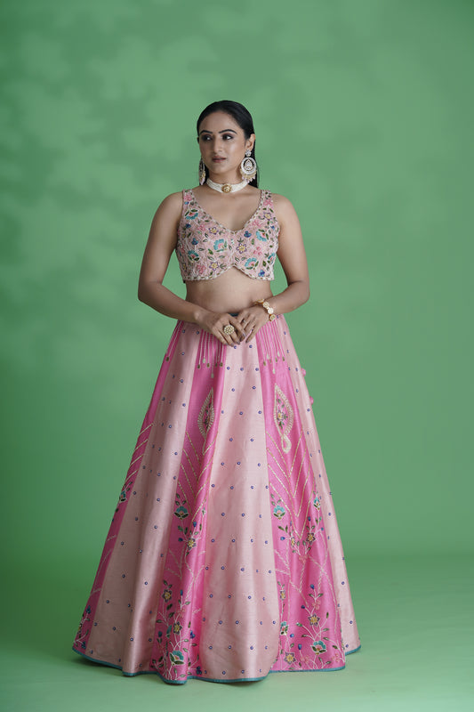 Pink Floral Embroidered Lehengas Set