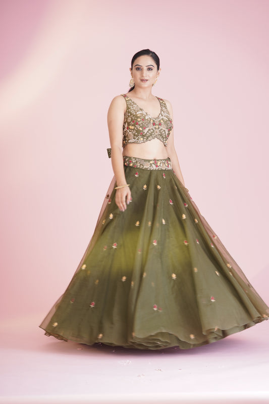 Olive Green Floral Embroidered Lehengas Set