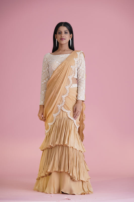 Beige Ruffle Saree With Embroidered Blouse