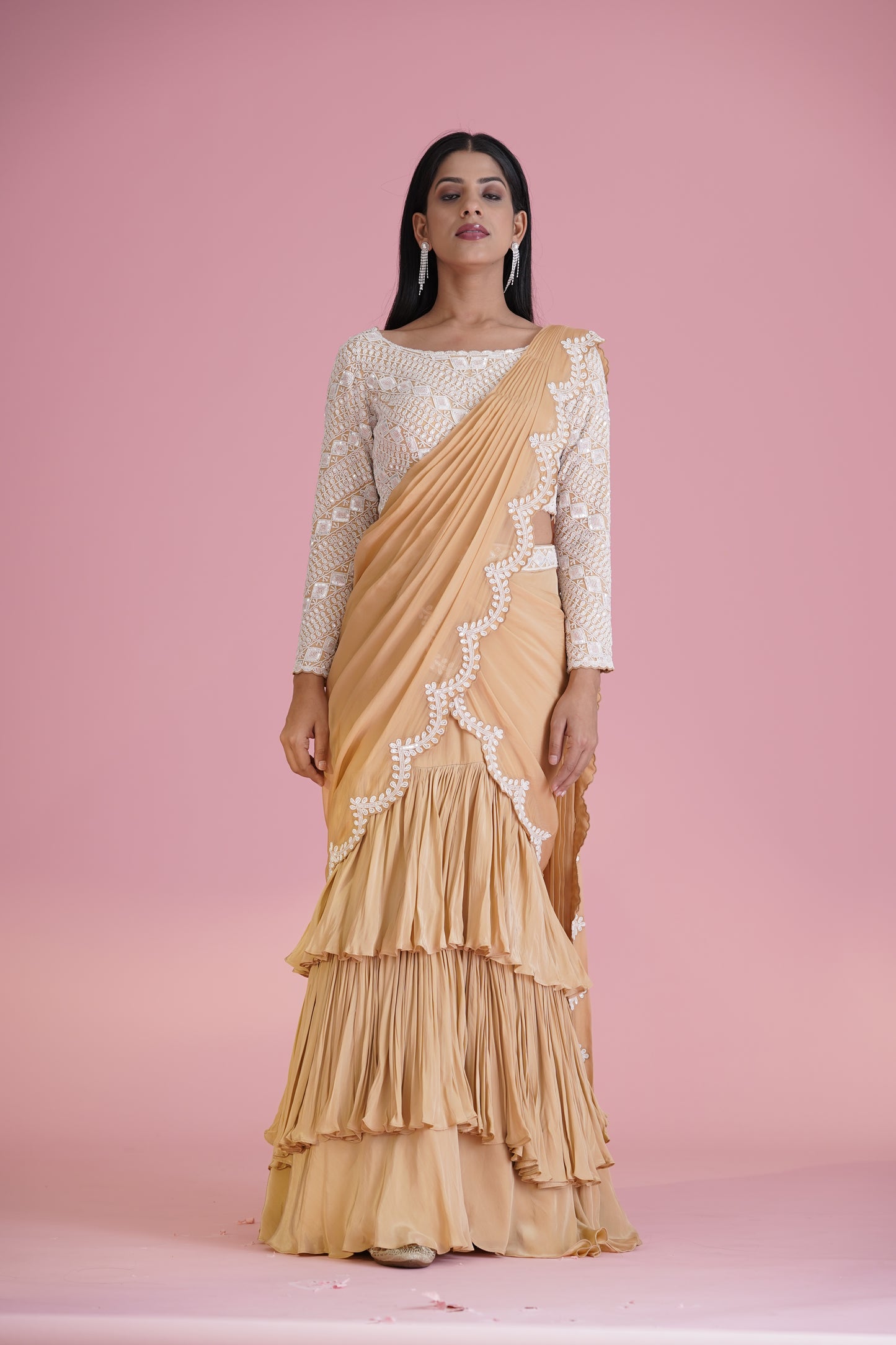 Beige Ruffle Saree With Embroidered Blouse
