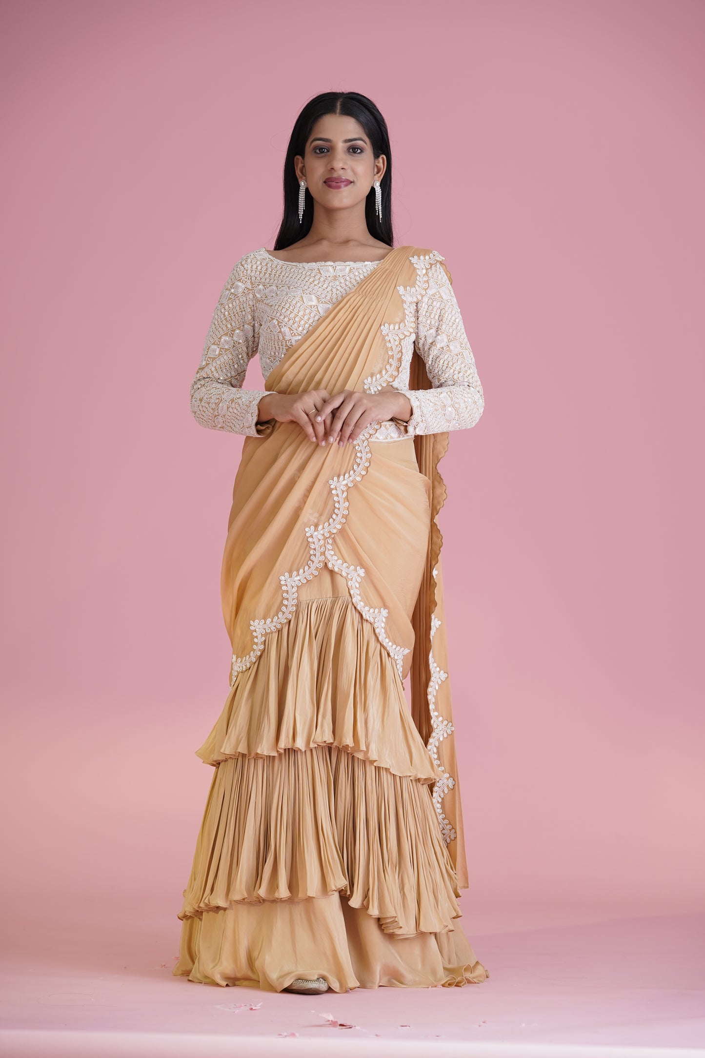 Beige Ruffle Saree With Embroidered Blouse