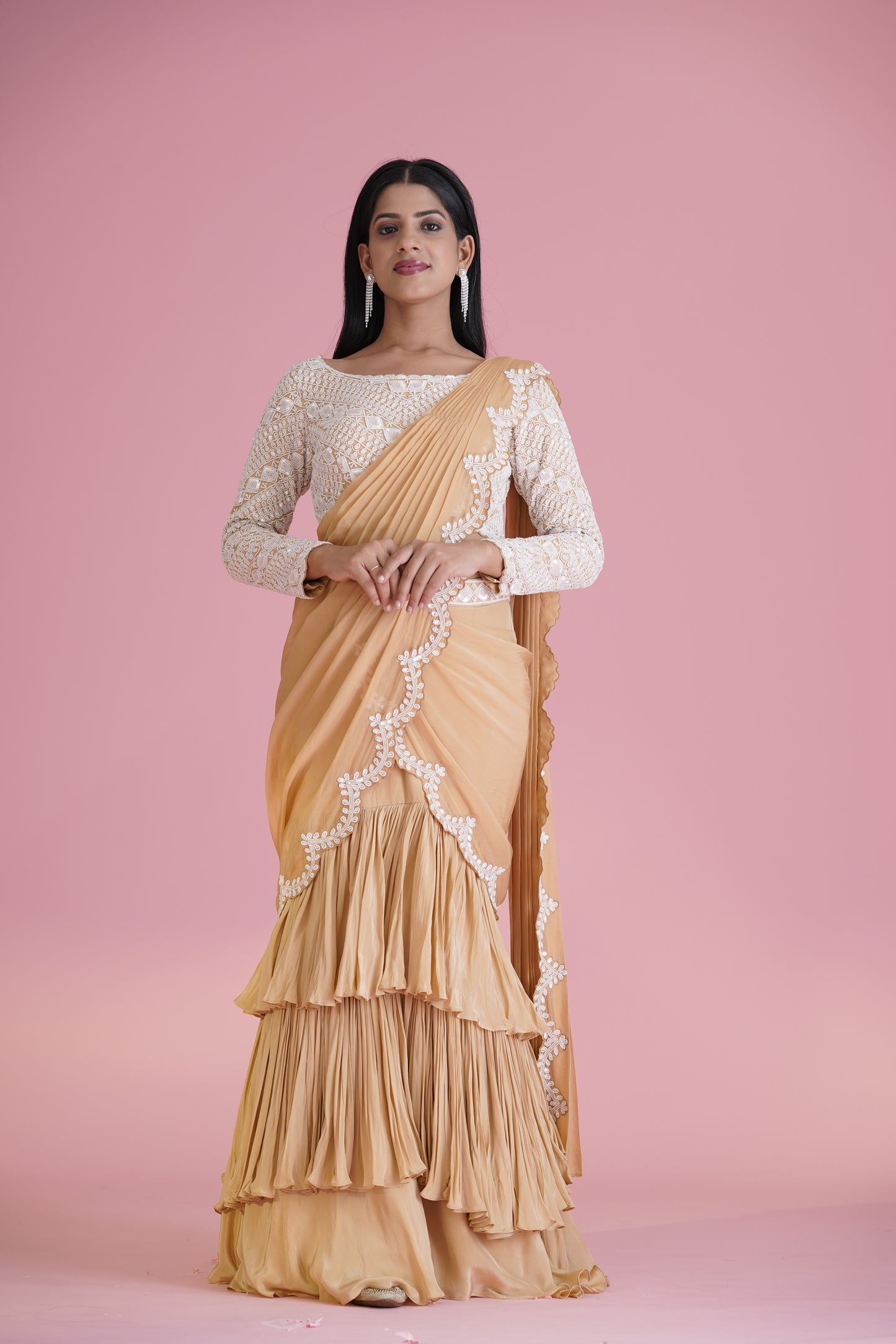 Beige Ruffle Saree With Embroidered Blouse