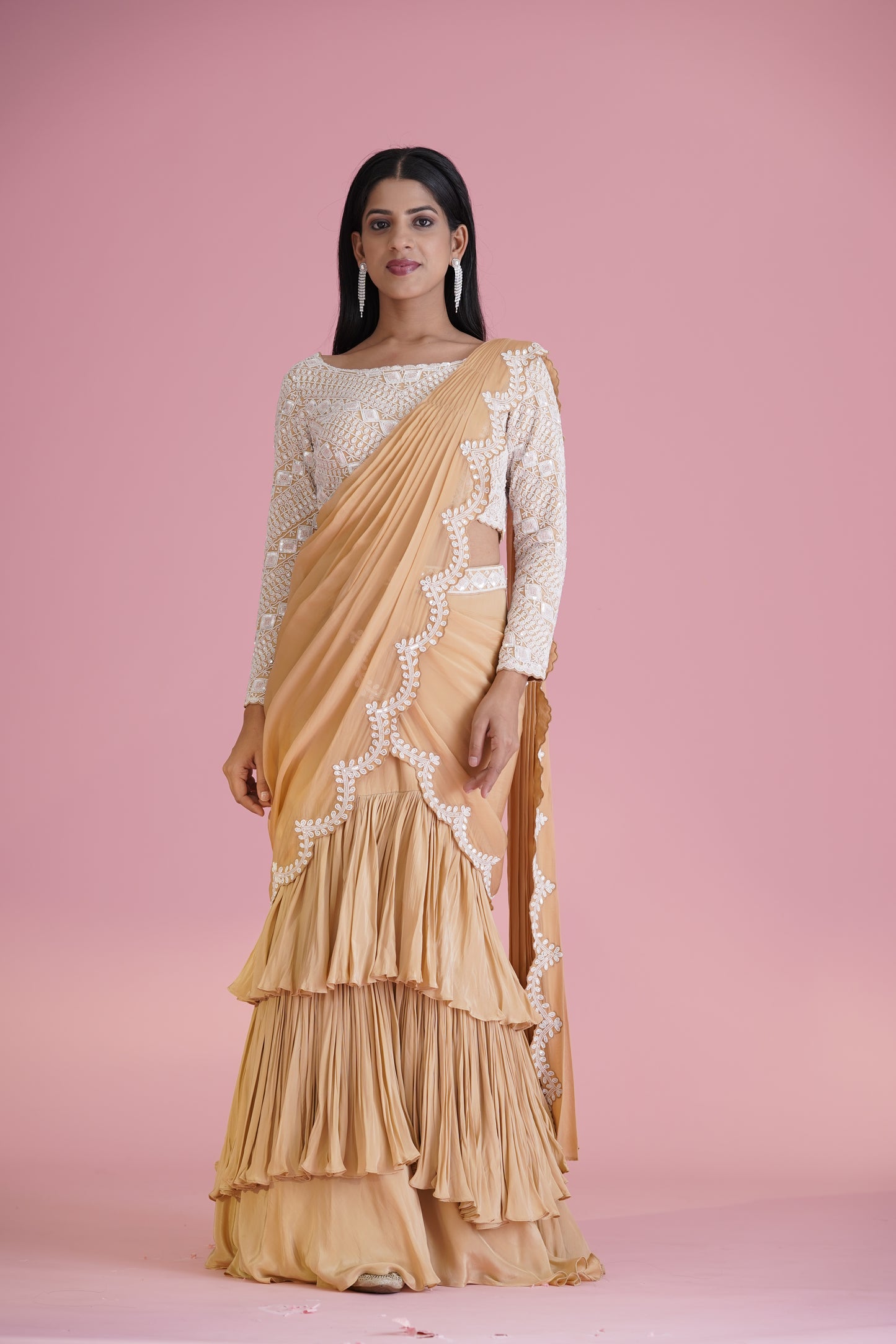 Beige Ruffle Saree With Embroidered Blouse