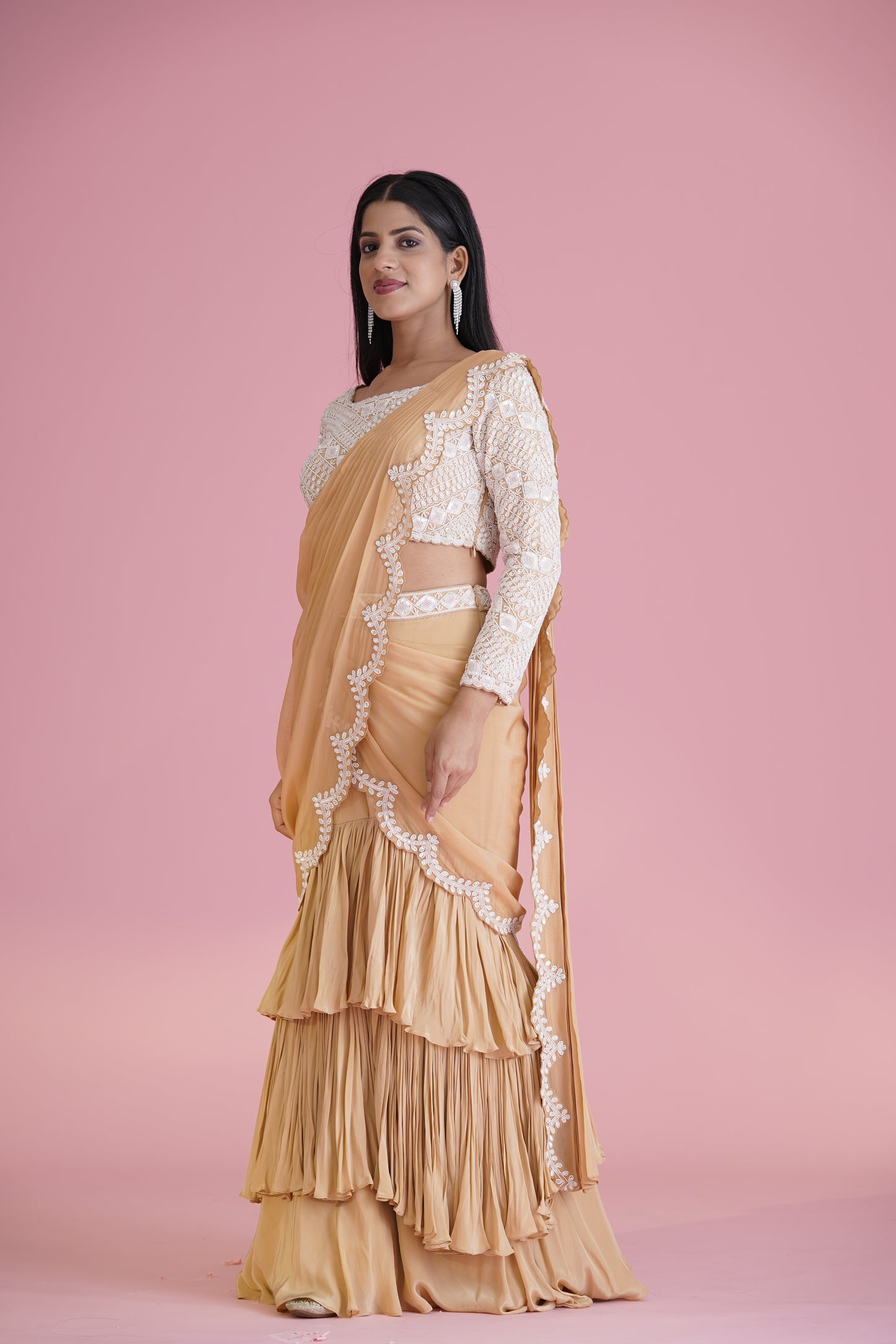 Beige Ruffle Saree With Embroidered Blouse