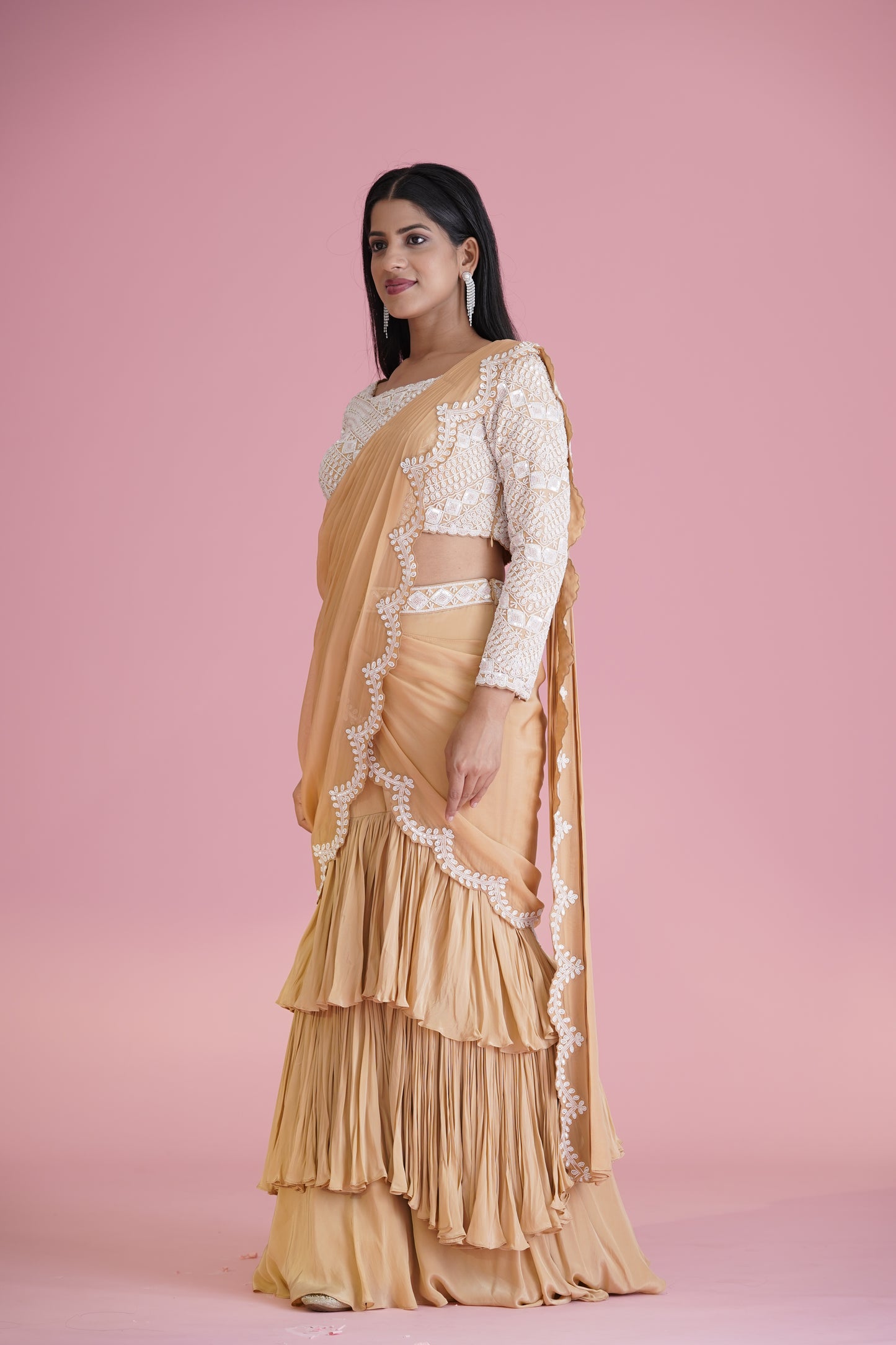 Beige Ruffle Saree With Embroidered Blouse