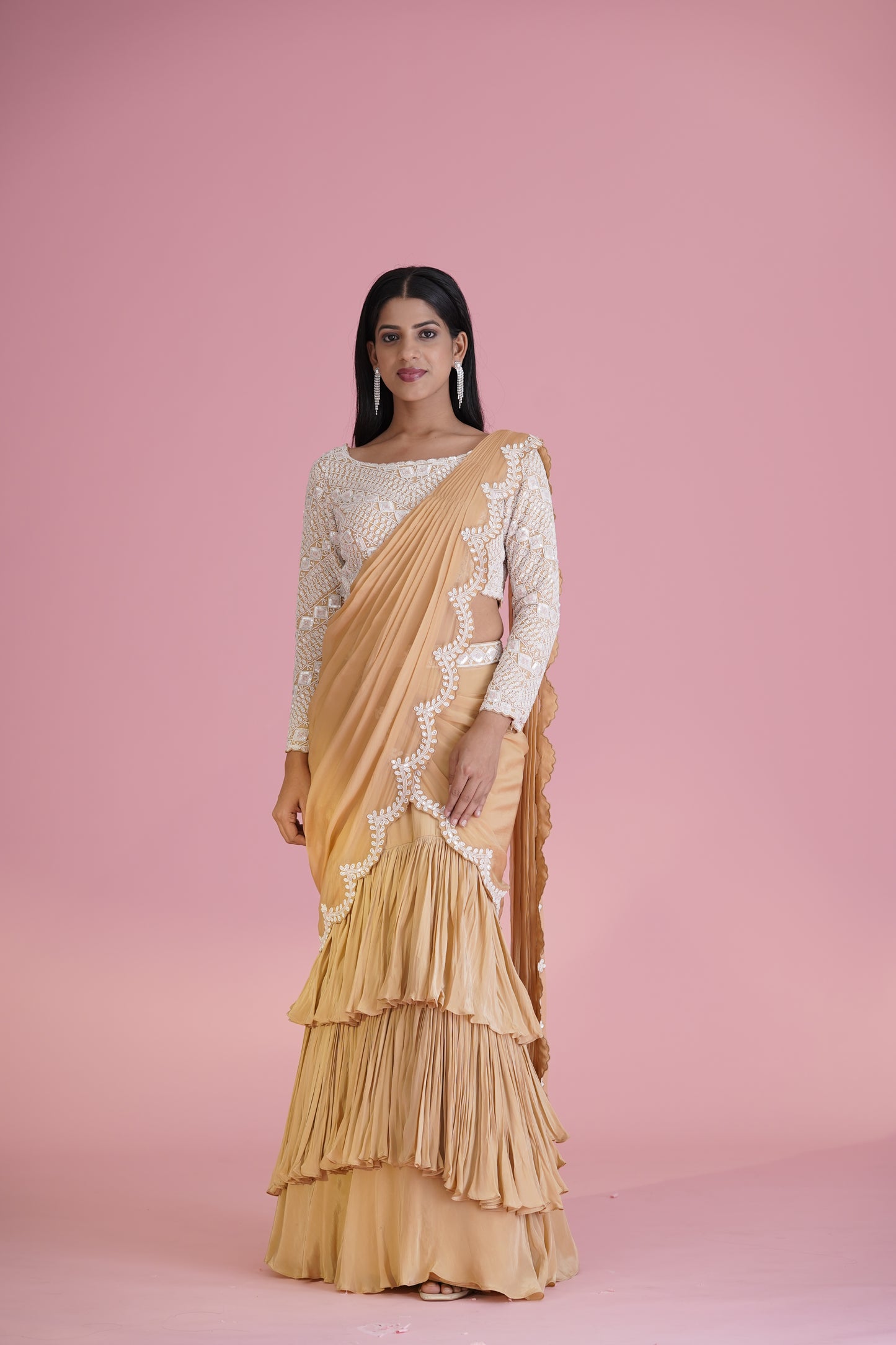 Beige Ruffle Saree With Embroidered Blouse