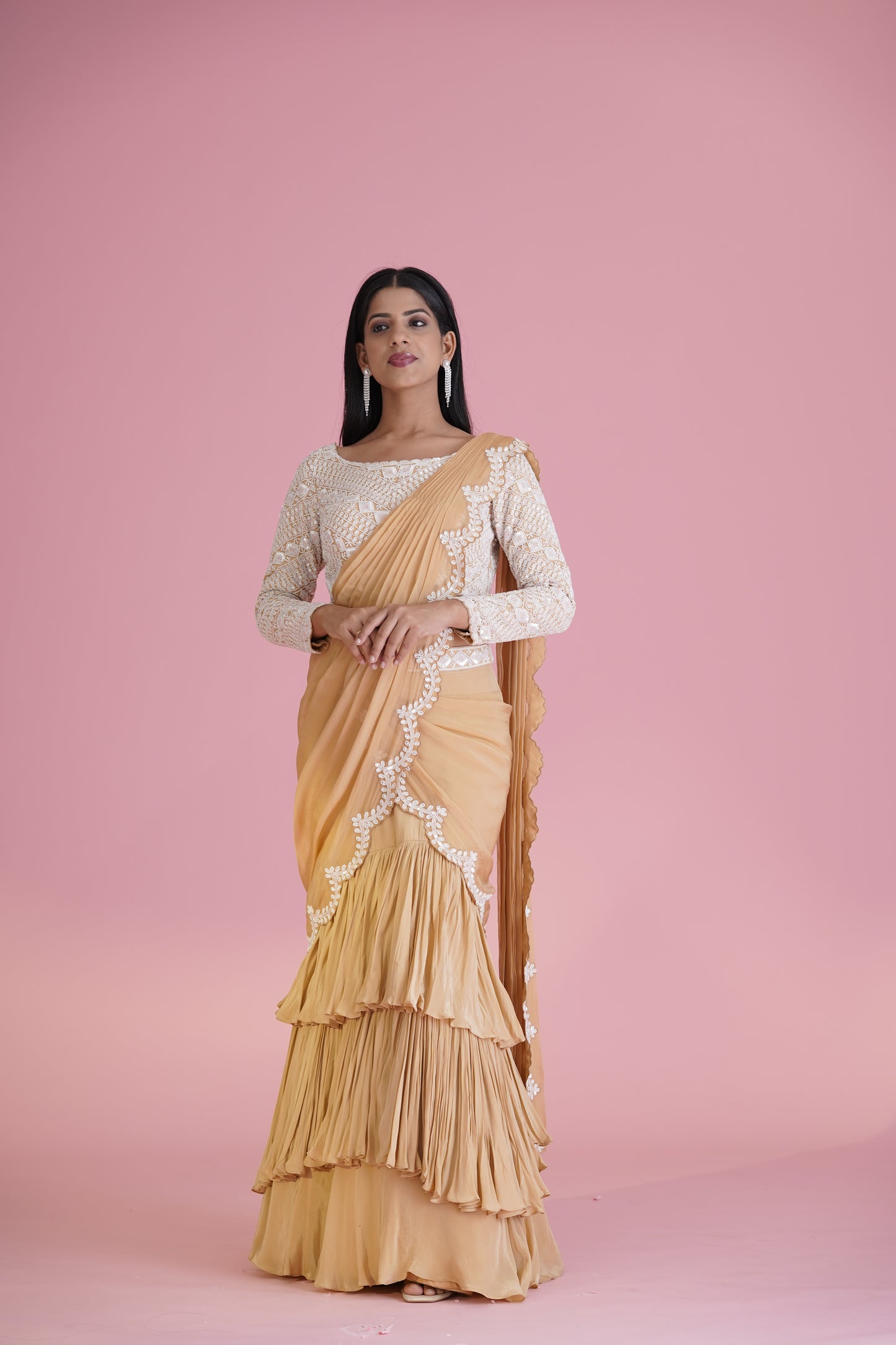 Beige Ruffle Saree With Embroidered Blouse