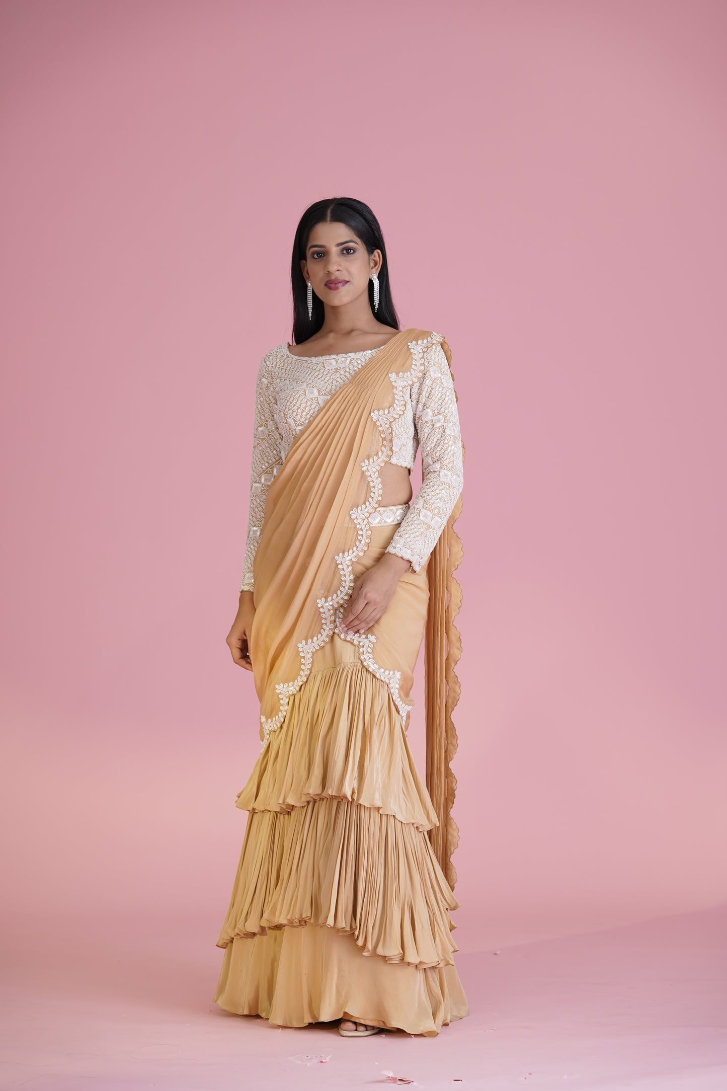 Beige Ruffle Saree With Embroidered Blouse