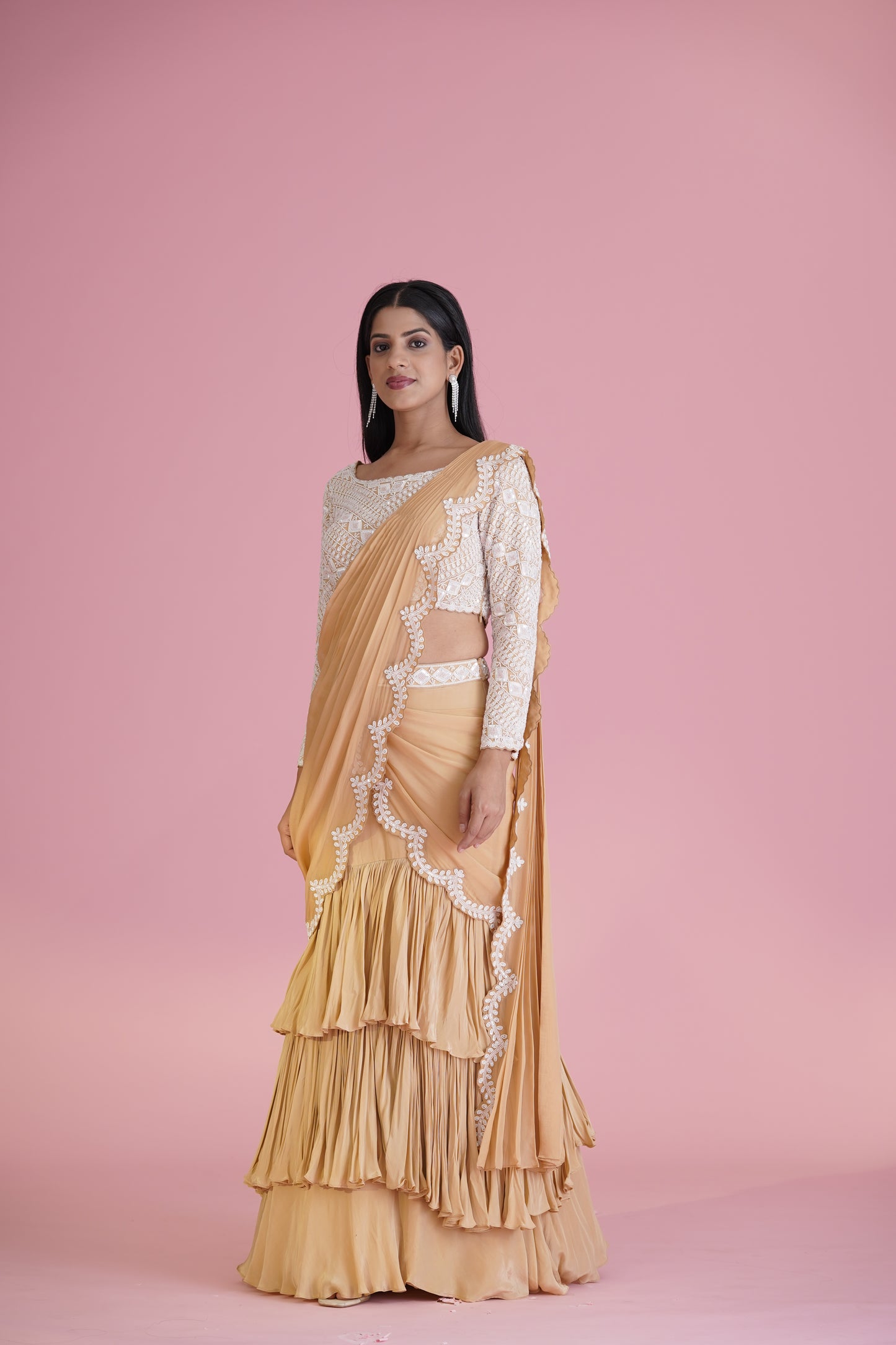 Beige Ruffle Saree With Embroidered Blouse
