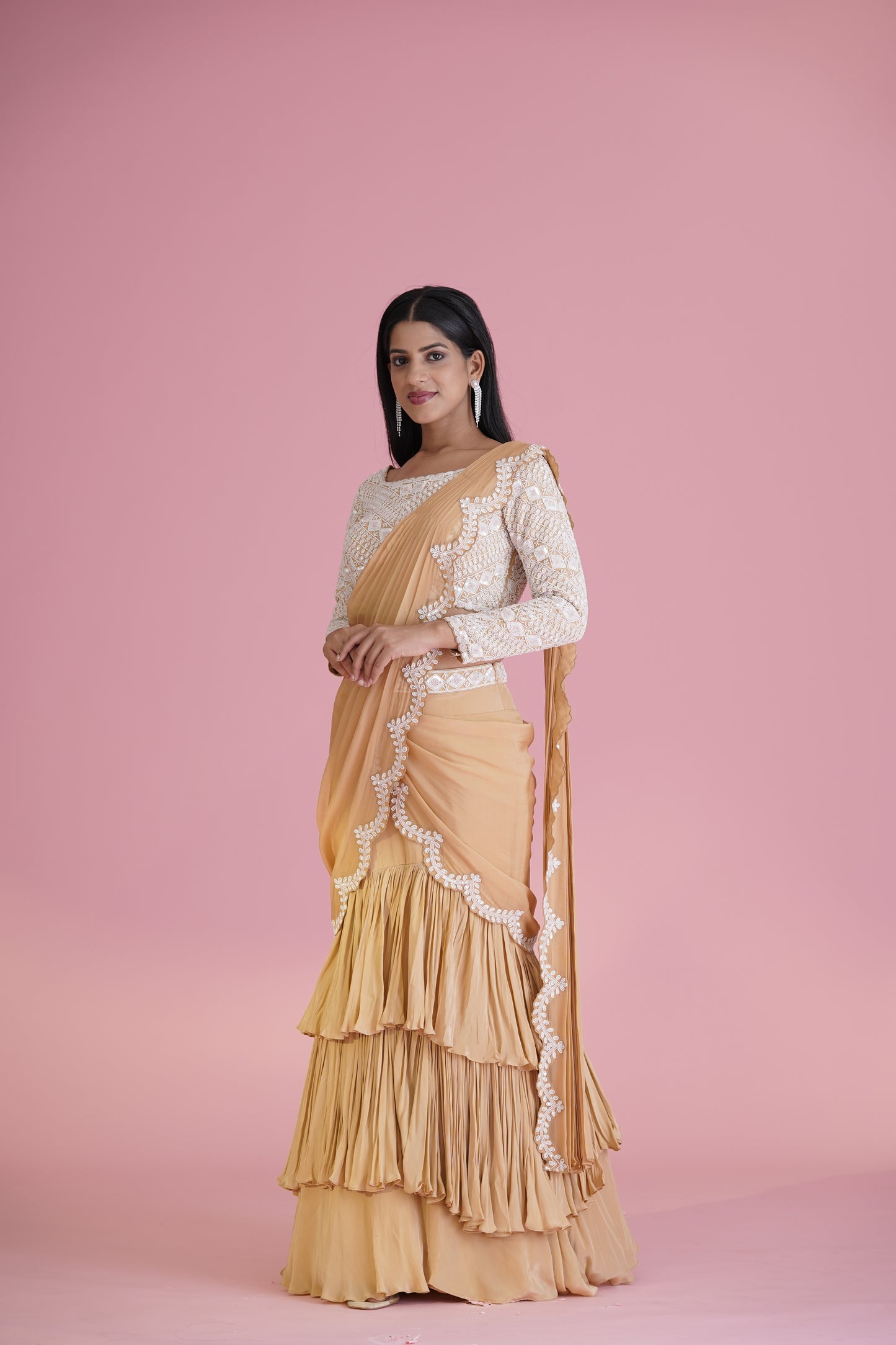 Beige Ruffle Saree With Embroidered Blouse