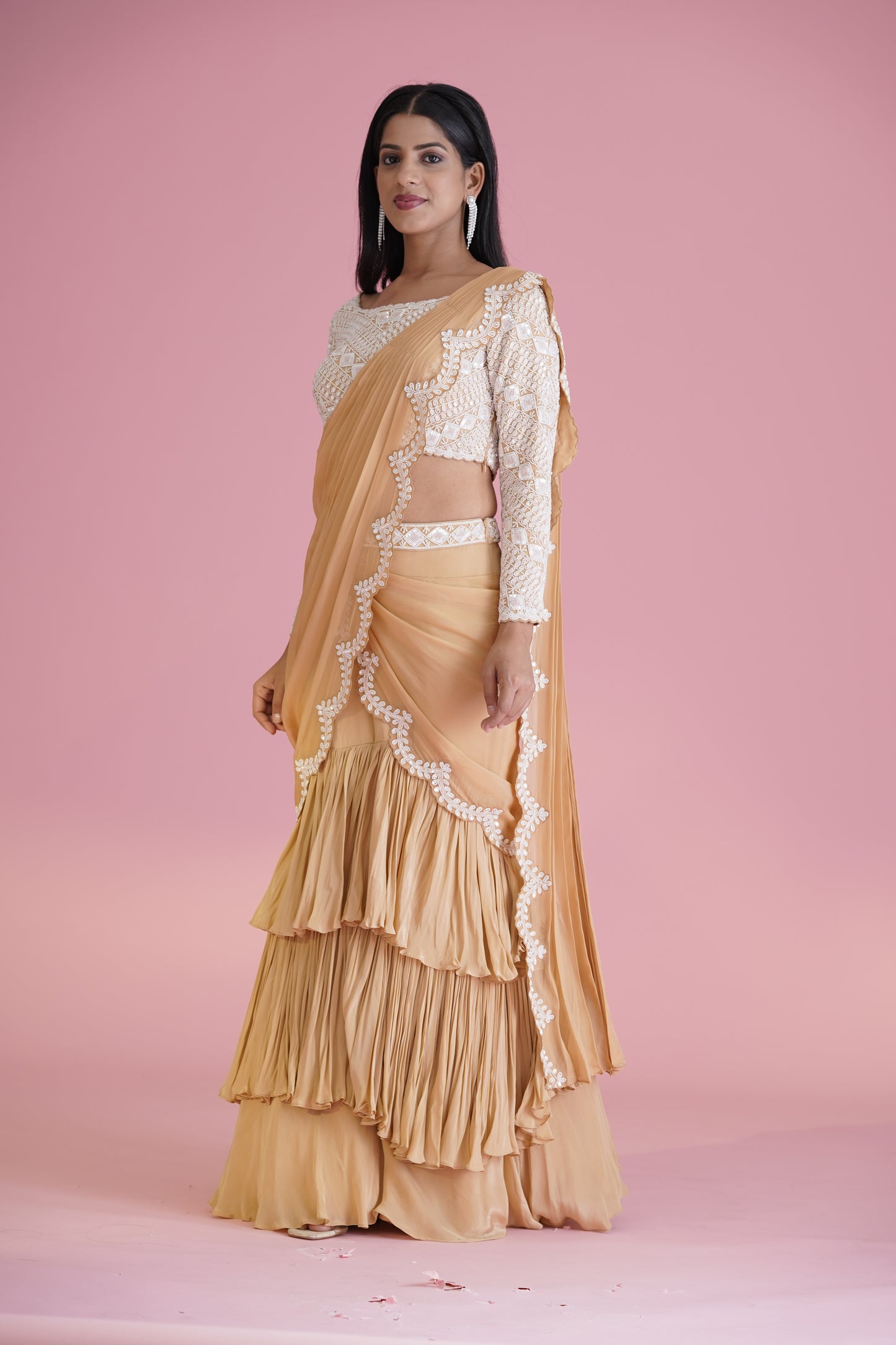 Beige Ruffle Saree With Embroidered Blouse
