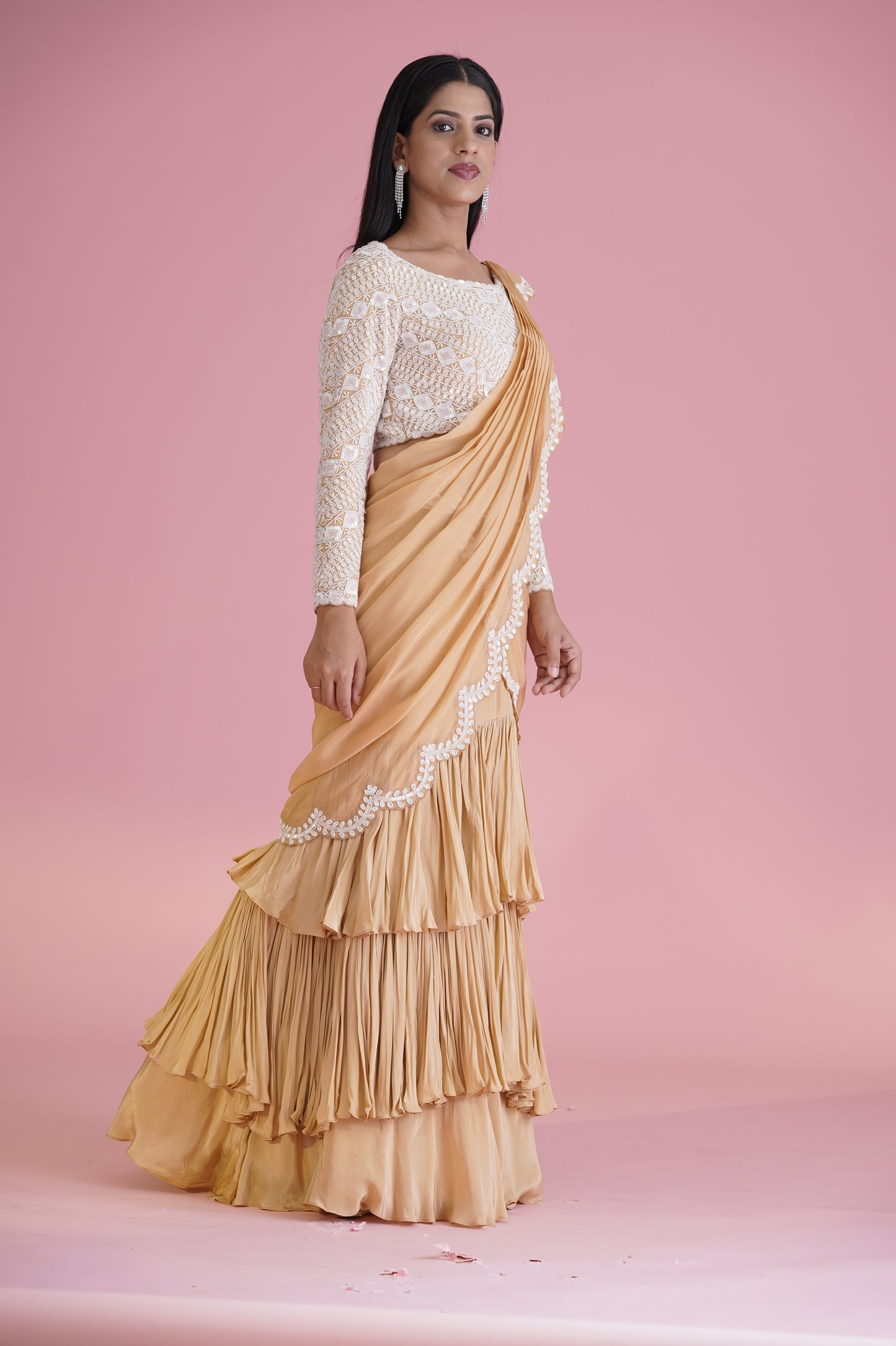 Beige Ruffle Saree With Embroidered Blouse