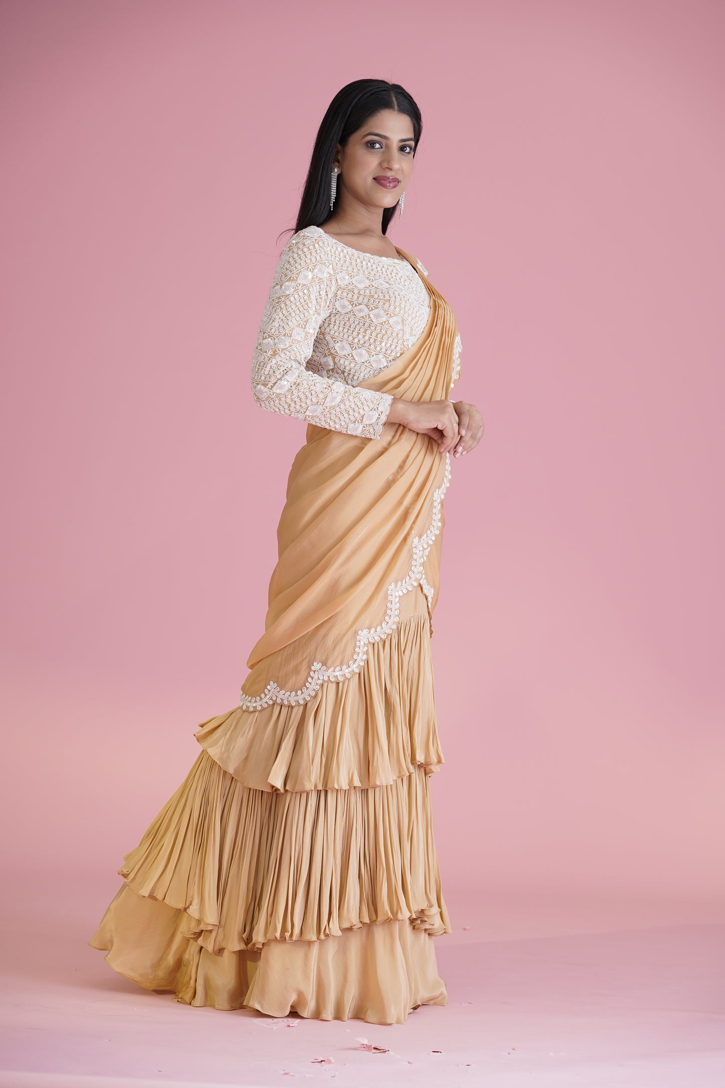 Beige Ruffle Saree With Embroidered Blouse