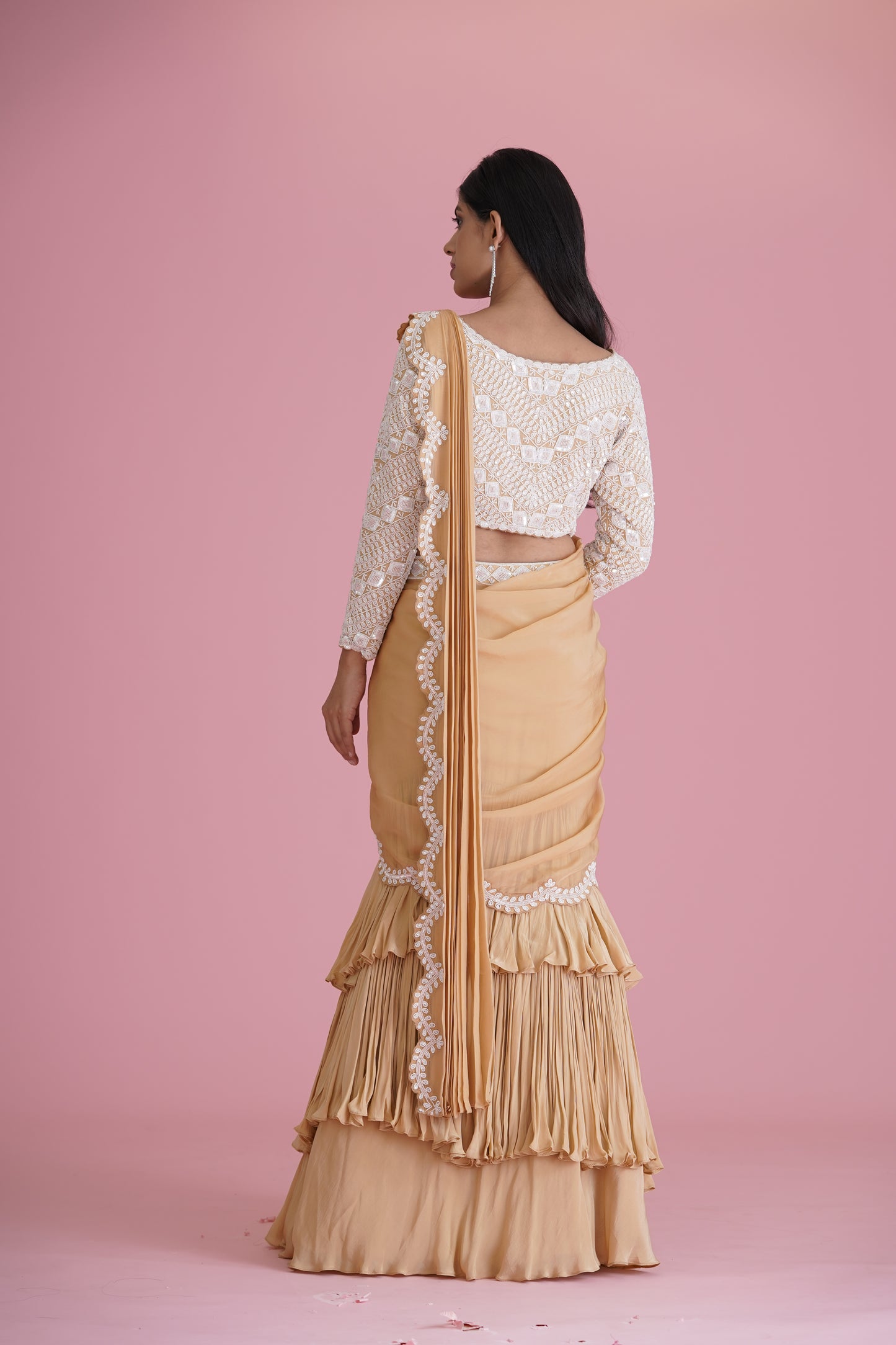 Beige Ruffle Saree With Embroidered Blouse