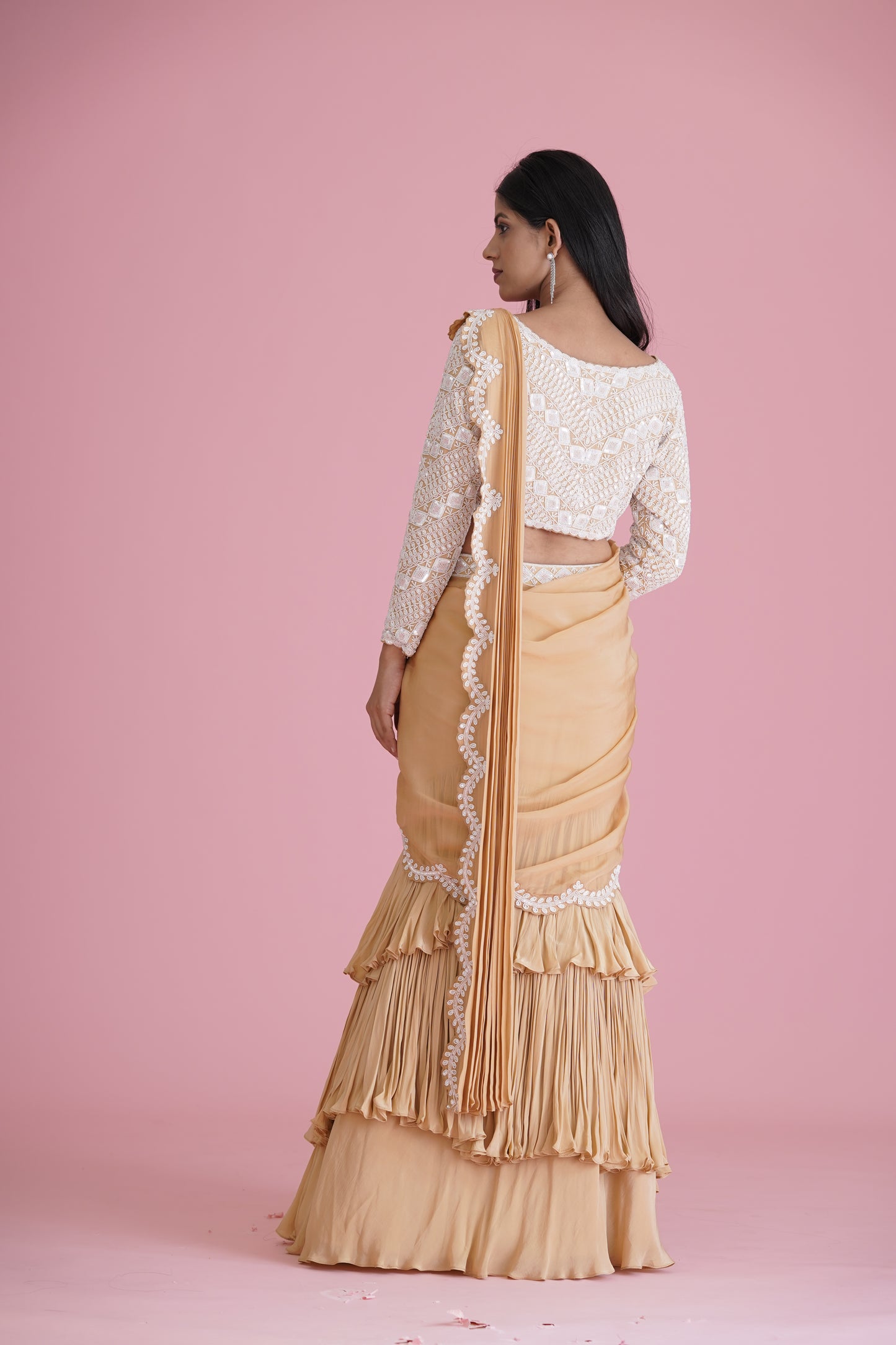 Beige Ruffle Saree With Embroidered Blouse