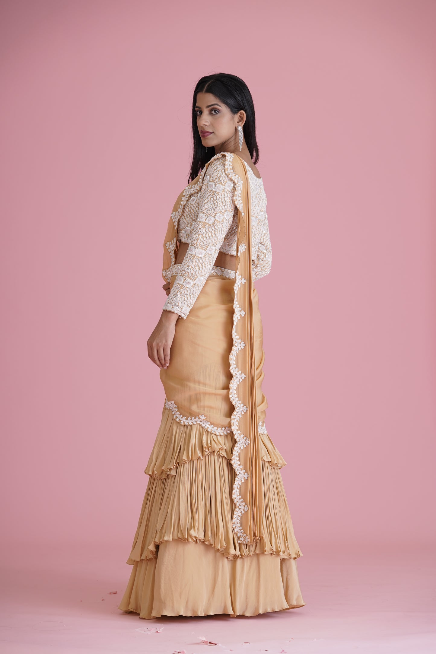 Beige Ruffle Saree With Embroidered Blouse