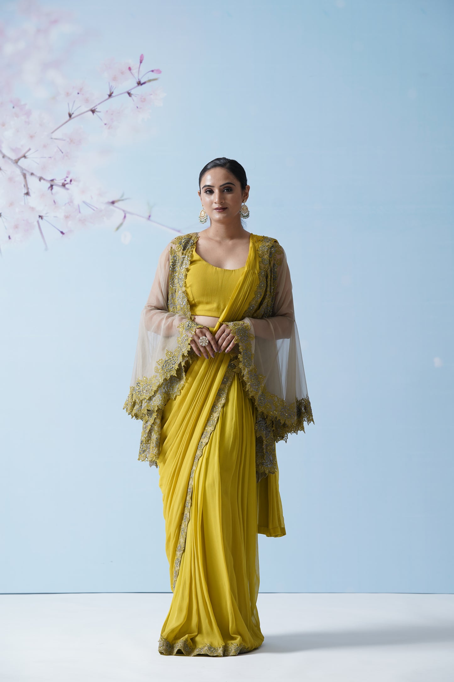 Lemon Yellow Net Saree With Embroidered Blouse