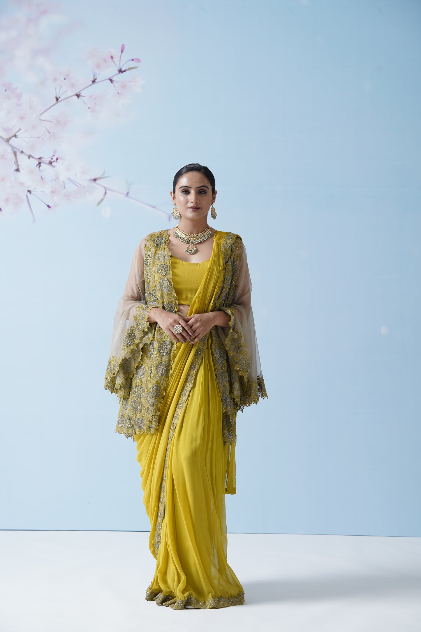 Lemon Yellow Net Saree With Embroidered Blouse