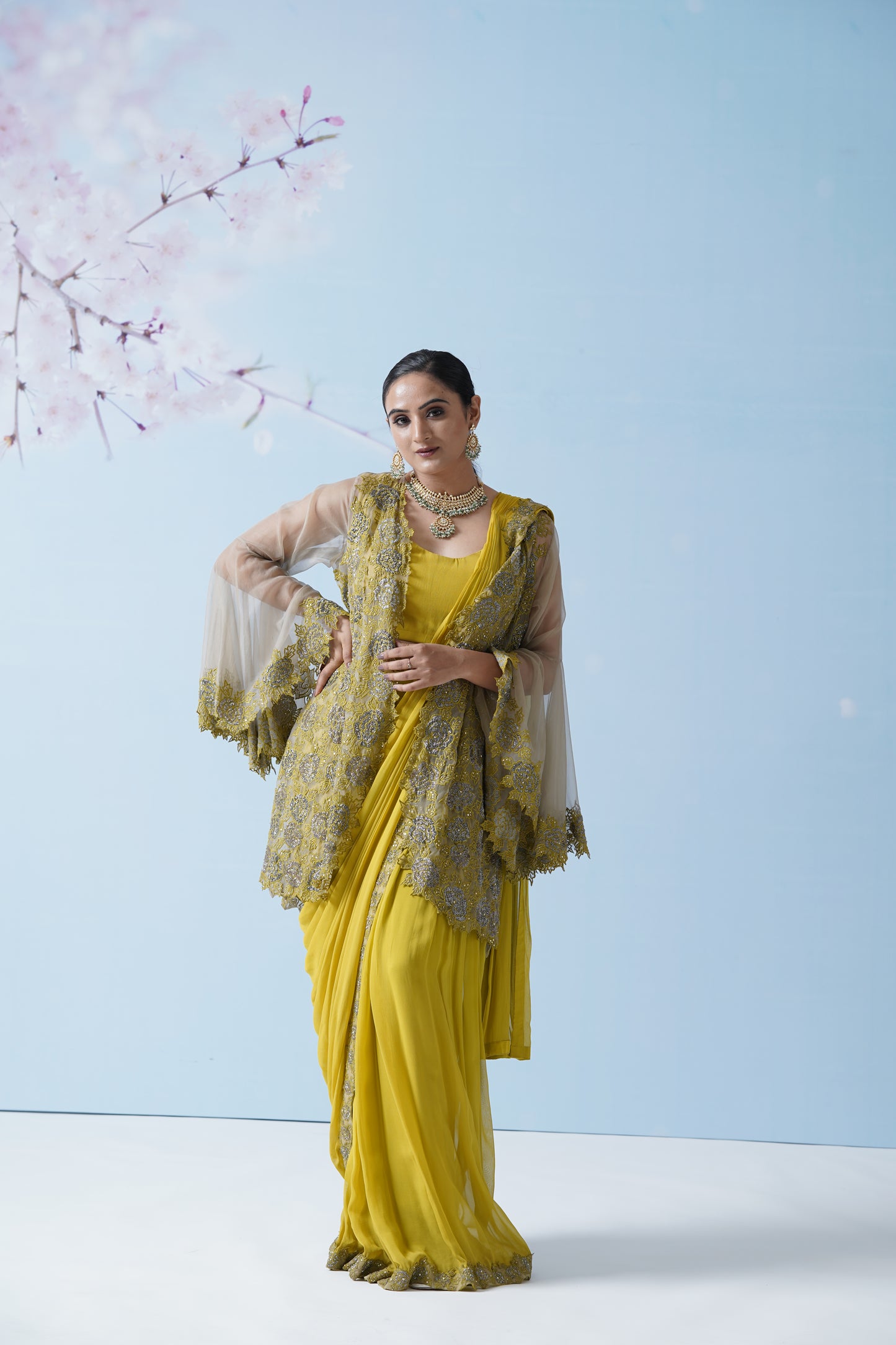 Lemon Yellow Net Saree With Embroidered Blouse