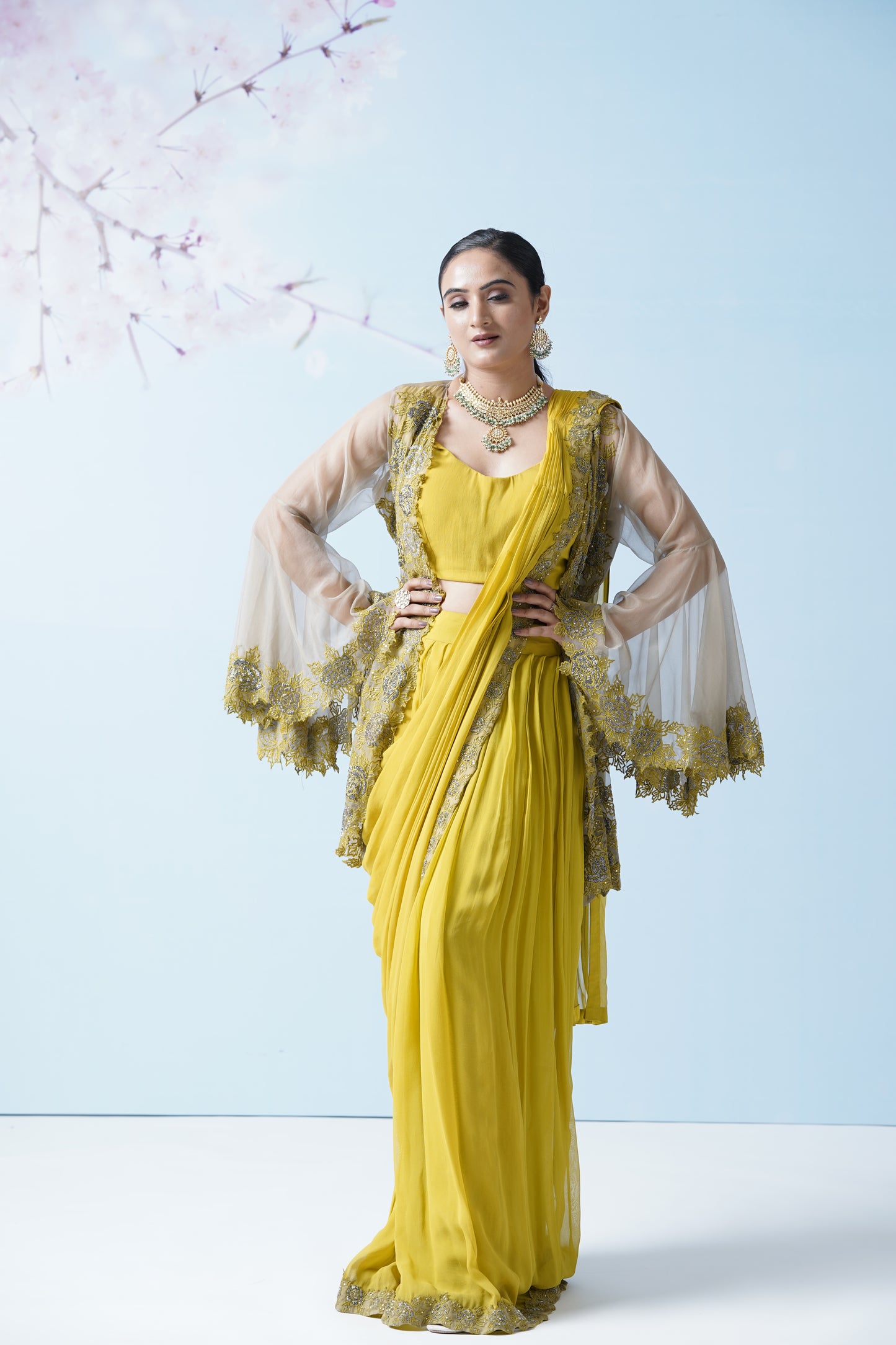 Lemon Yellow Net Saree With Embroidered Blouse