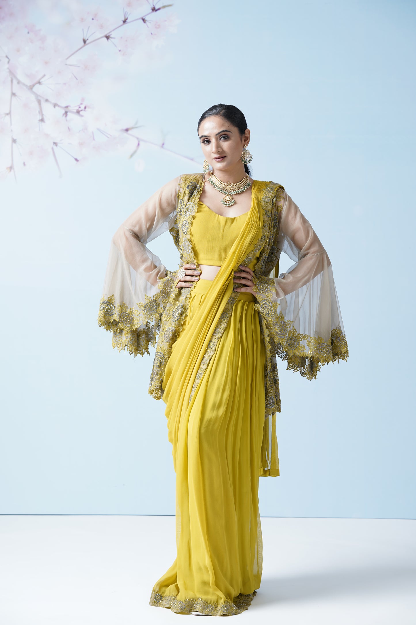Lemon Yellow Net Saree With Embroidered Blouse