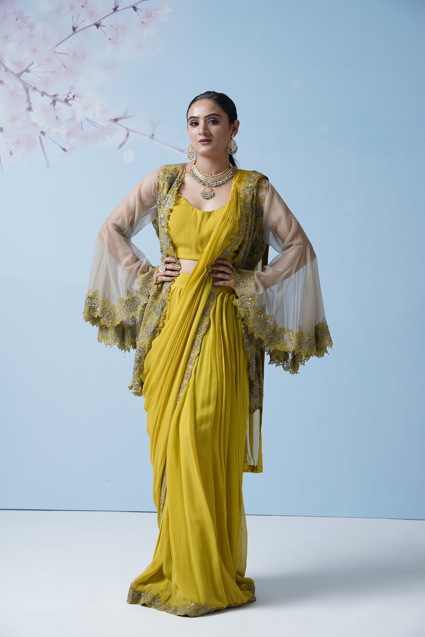 Lemon Yellow Net Saree With Embroidered Blouse