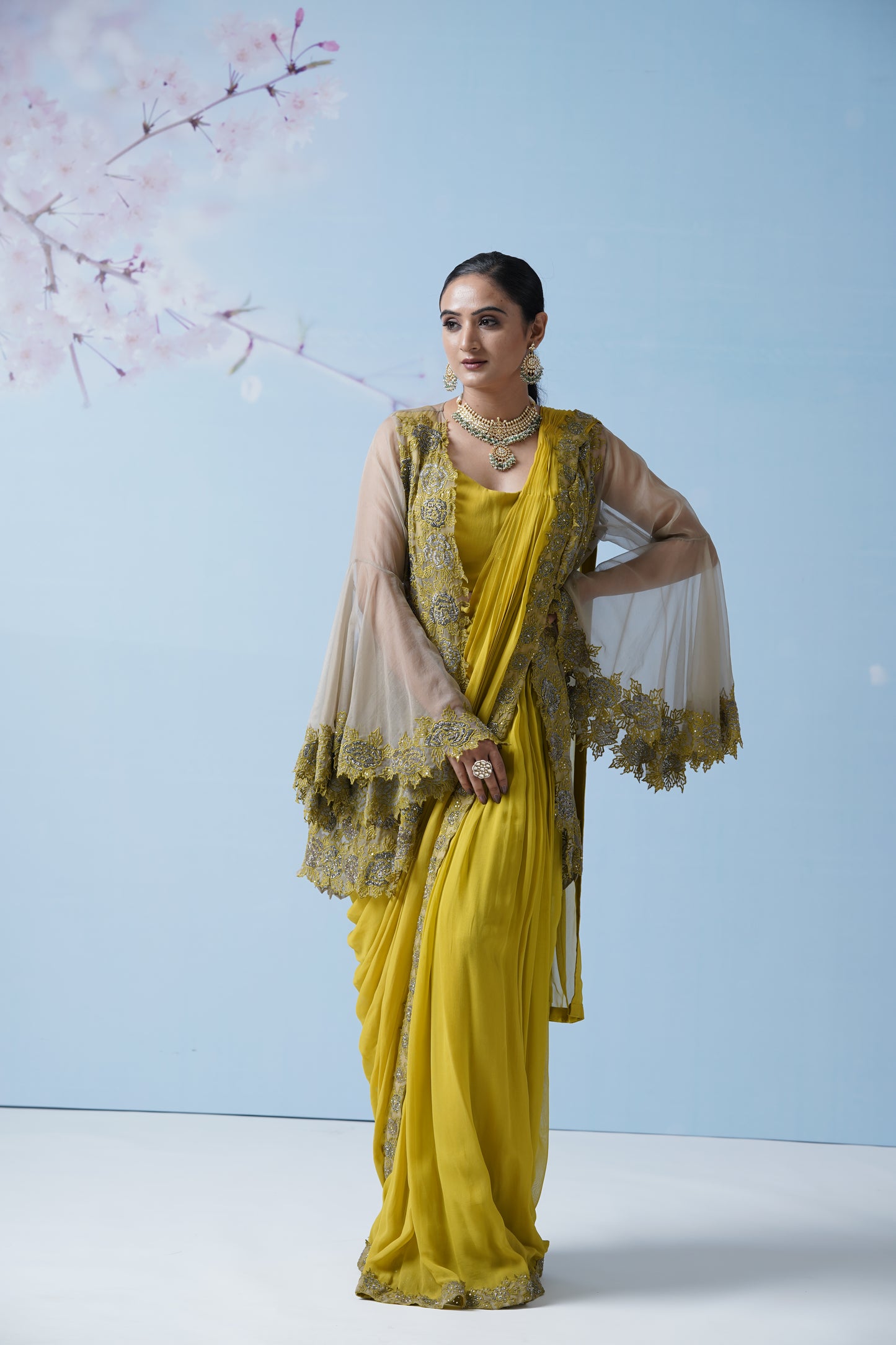 Lemon Yellow Net Saree With Embroidered Blouse