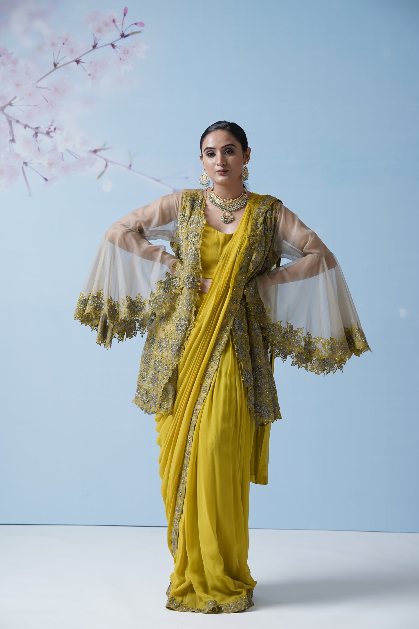 Lemon Yellow Net Saree With Embroidered Blouse