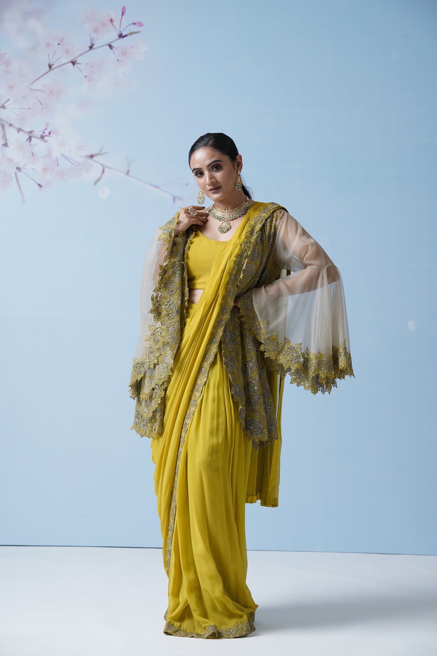 Lemon Yellow Net Saree With Embroidered Blouse