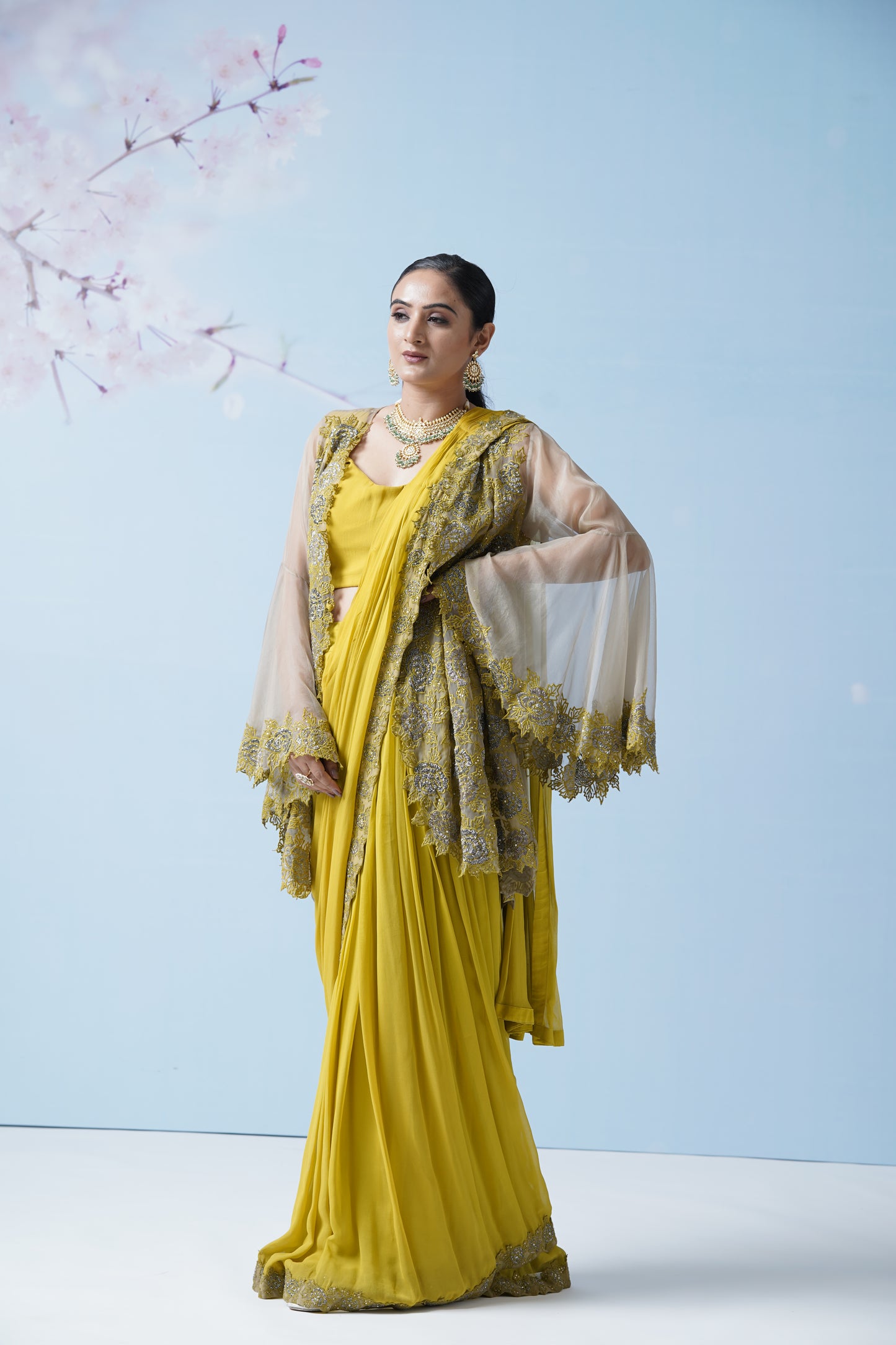 Lemon Yellow Net Saree With Embroidered Blouse