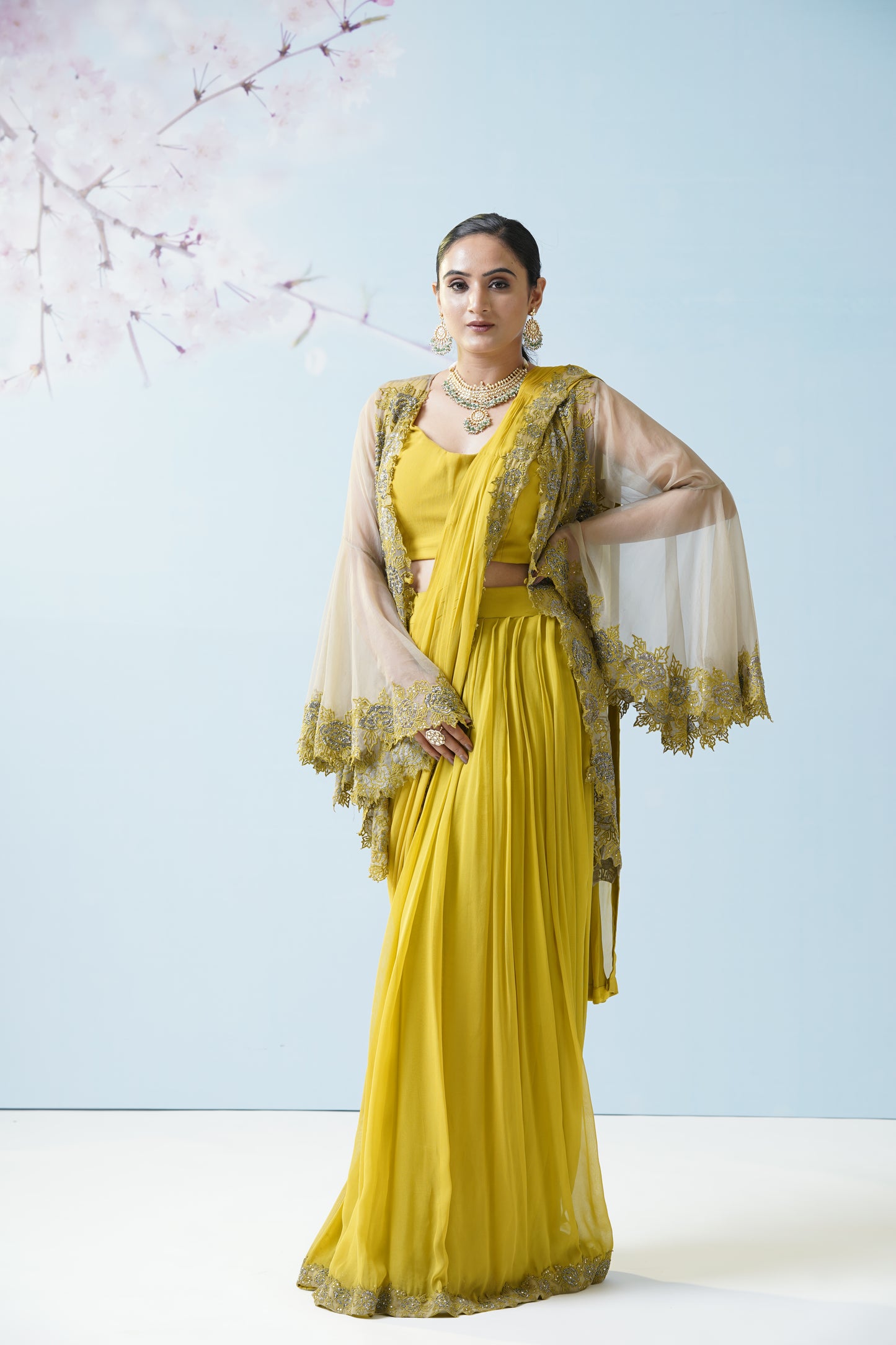 Lemon Yellow Net Saree With Embroidered Blouse