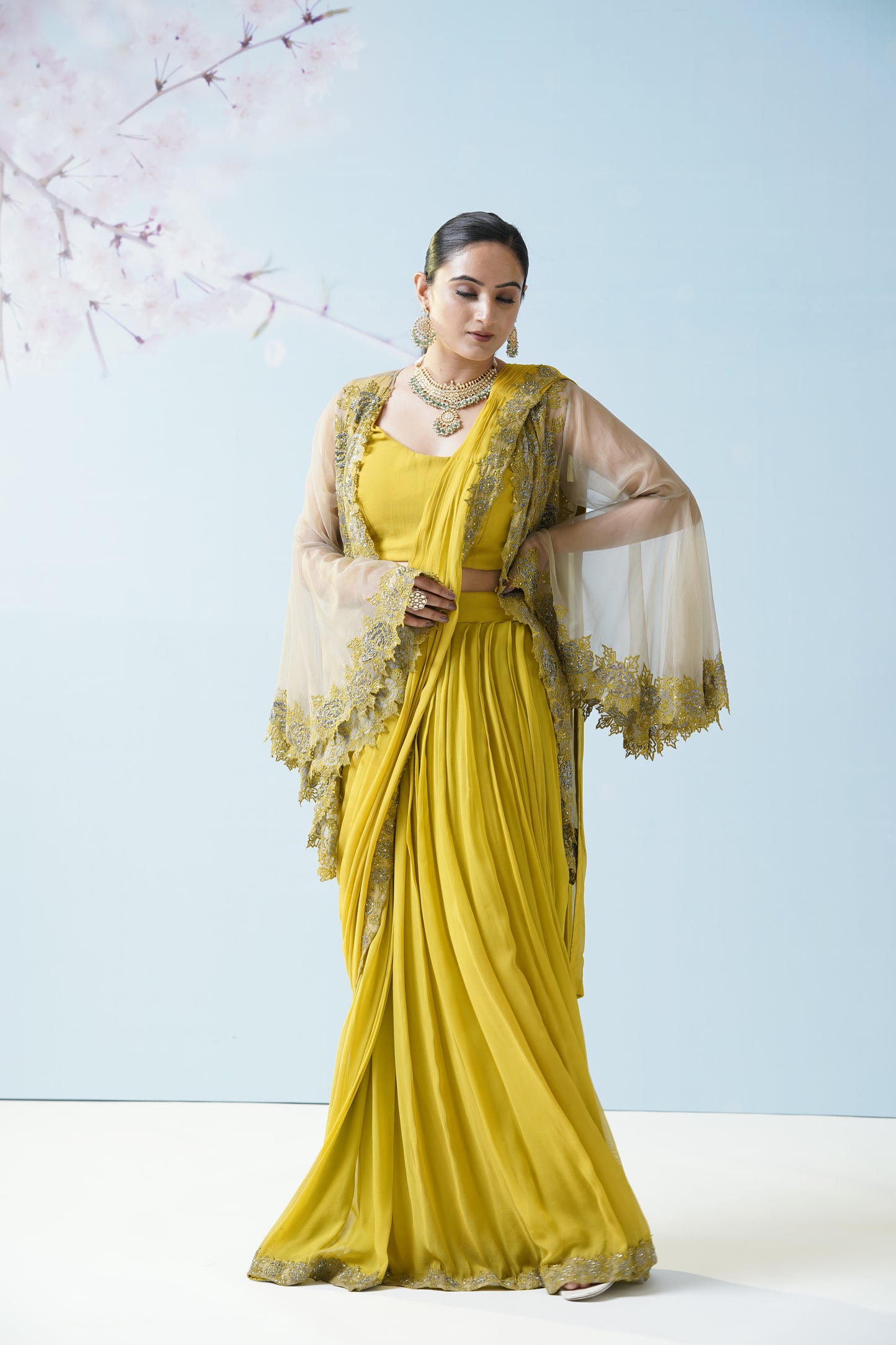 Lemon Yellow Net Saree With Embroidered Blouse