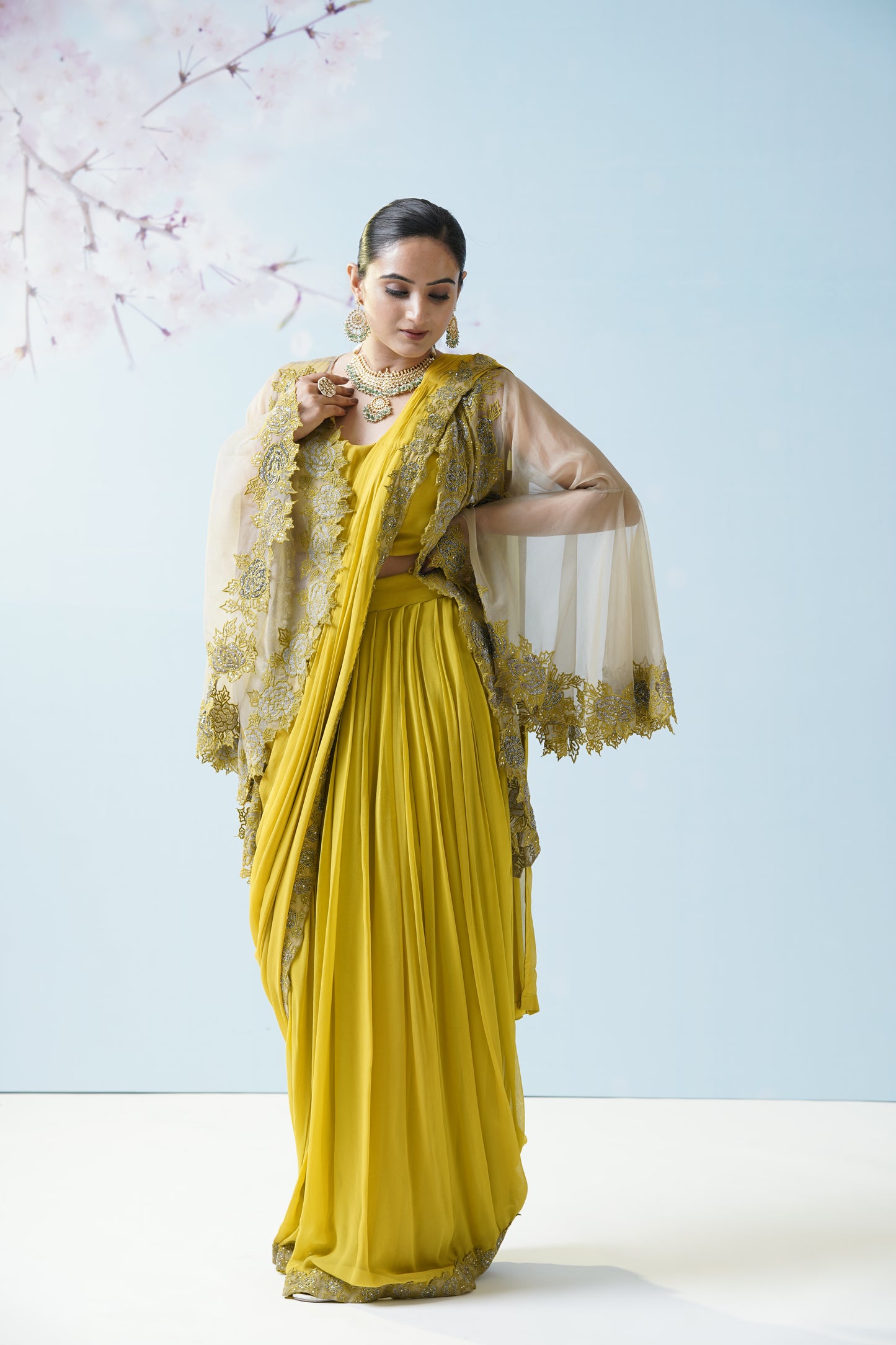 Lemon Yellow Net Saree With Embroidered Blouse