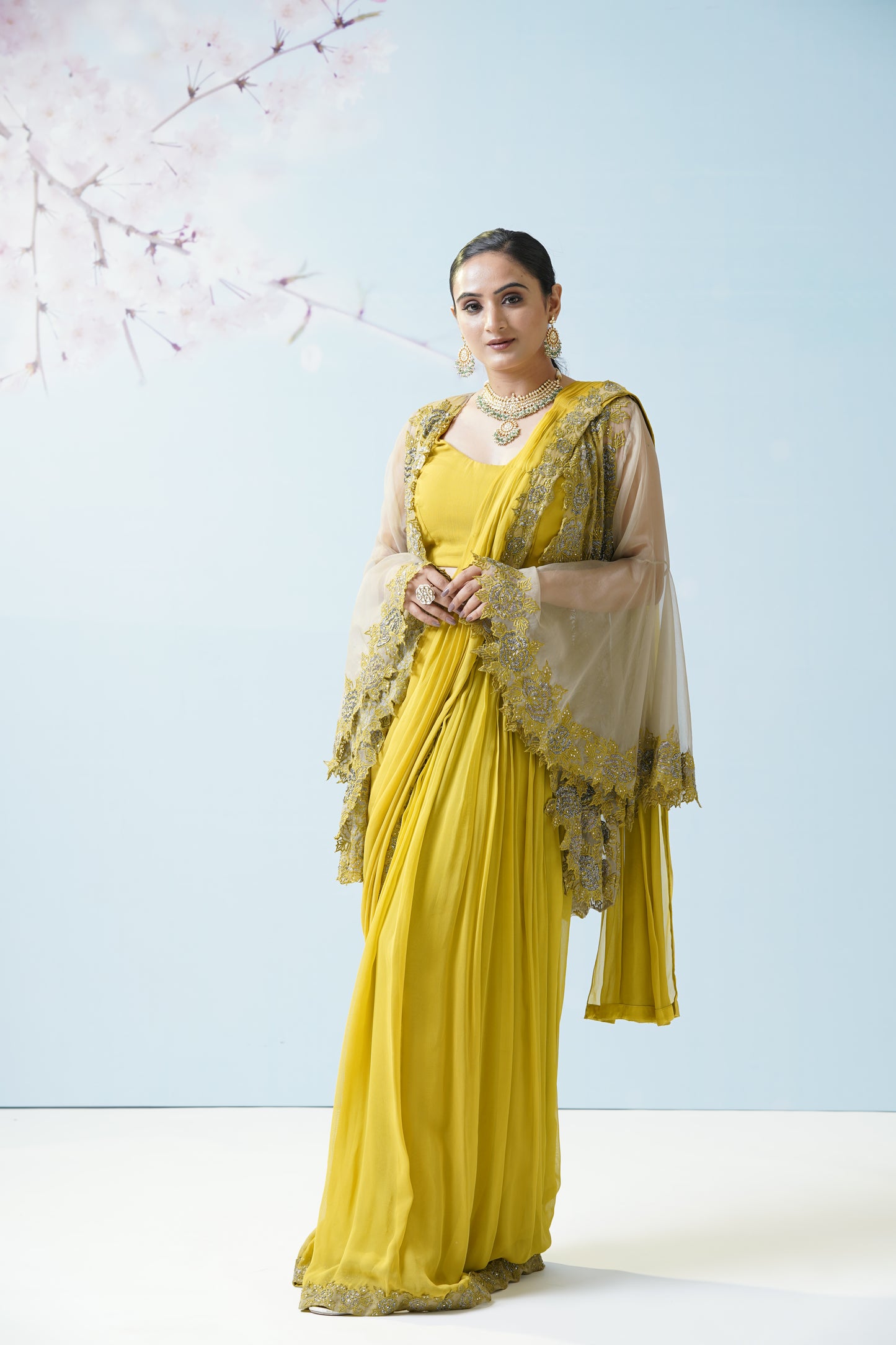 Lemon Yellow Net Saree With Embroidered Blouse