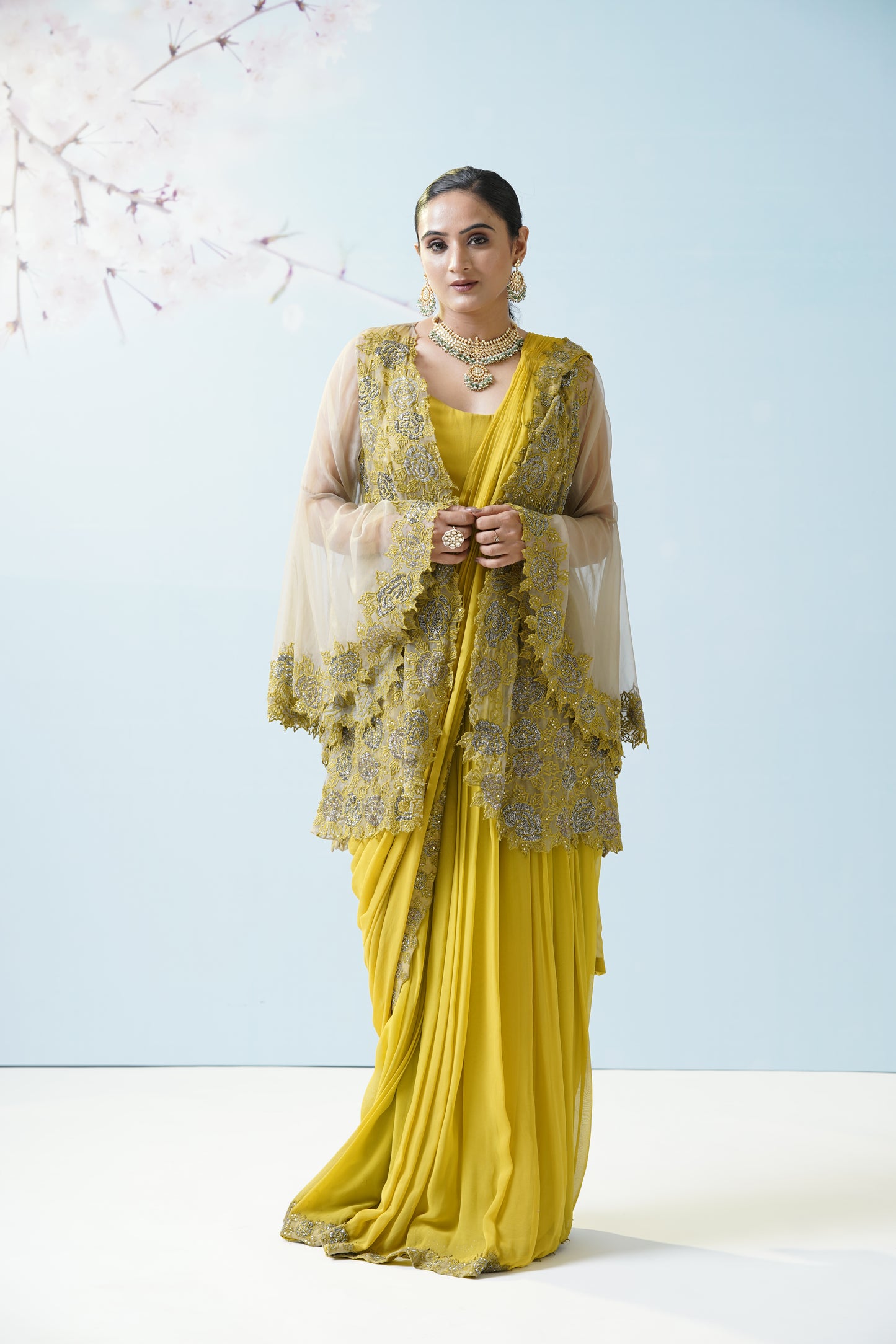 Lemon Yellow Net Saree With Embroidered Blouse