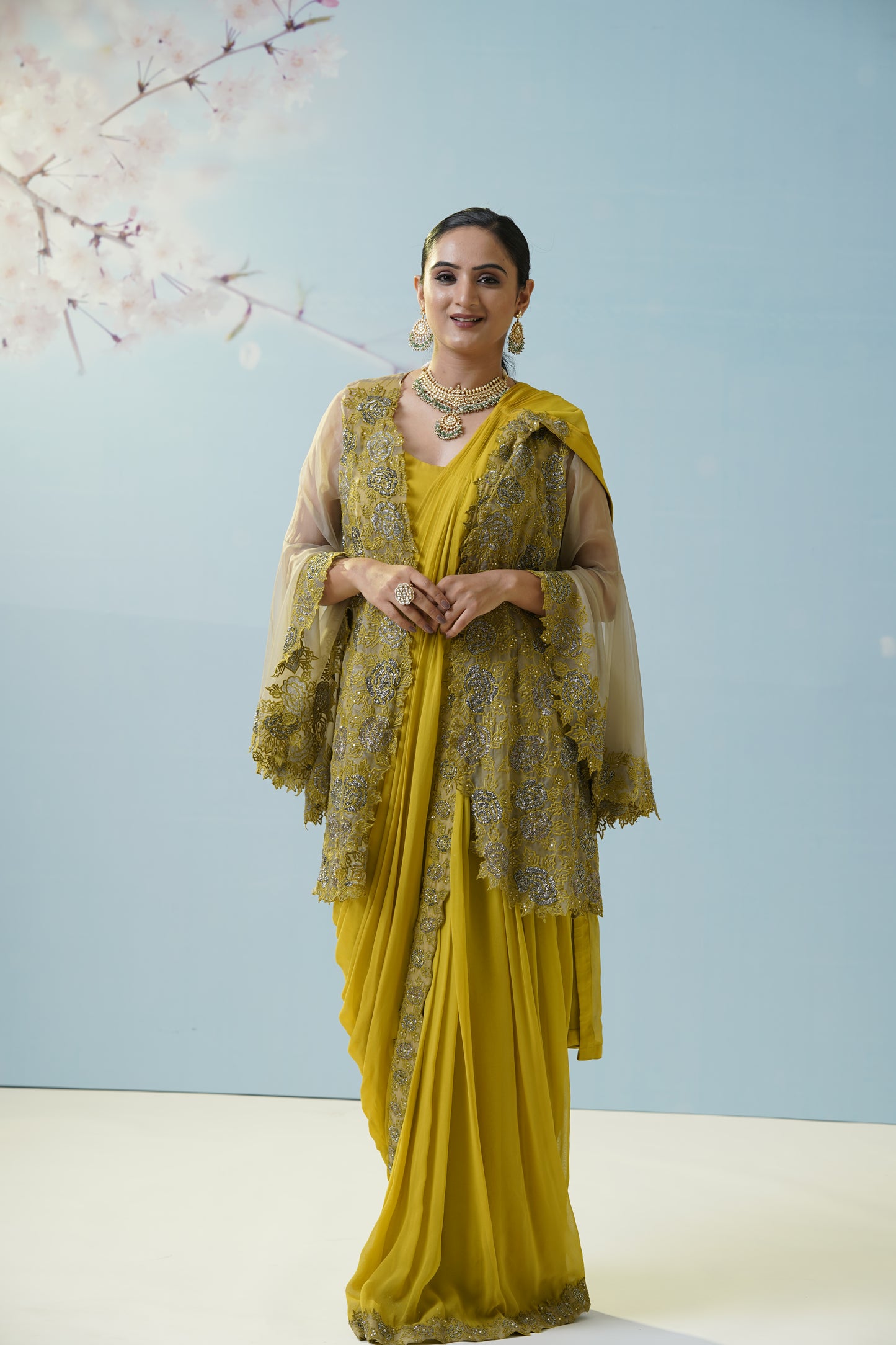 Lemon Yellow Net Saree With Embroidered Blouse