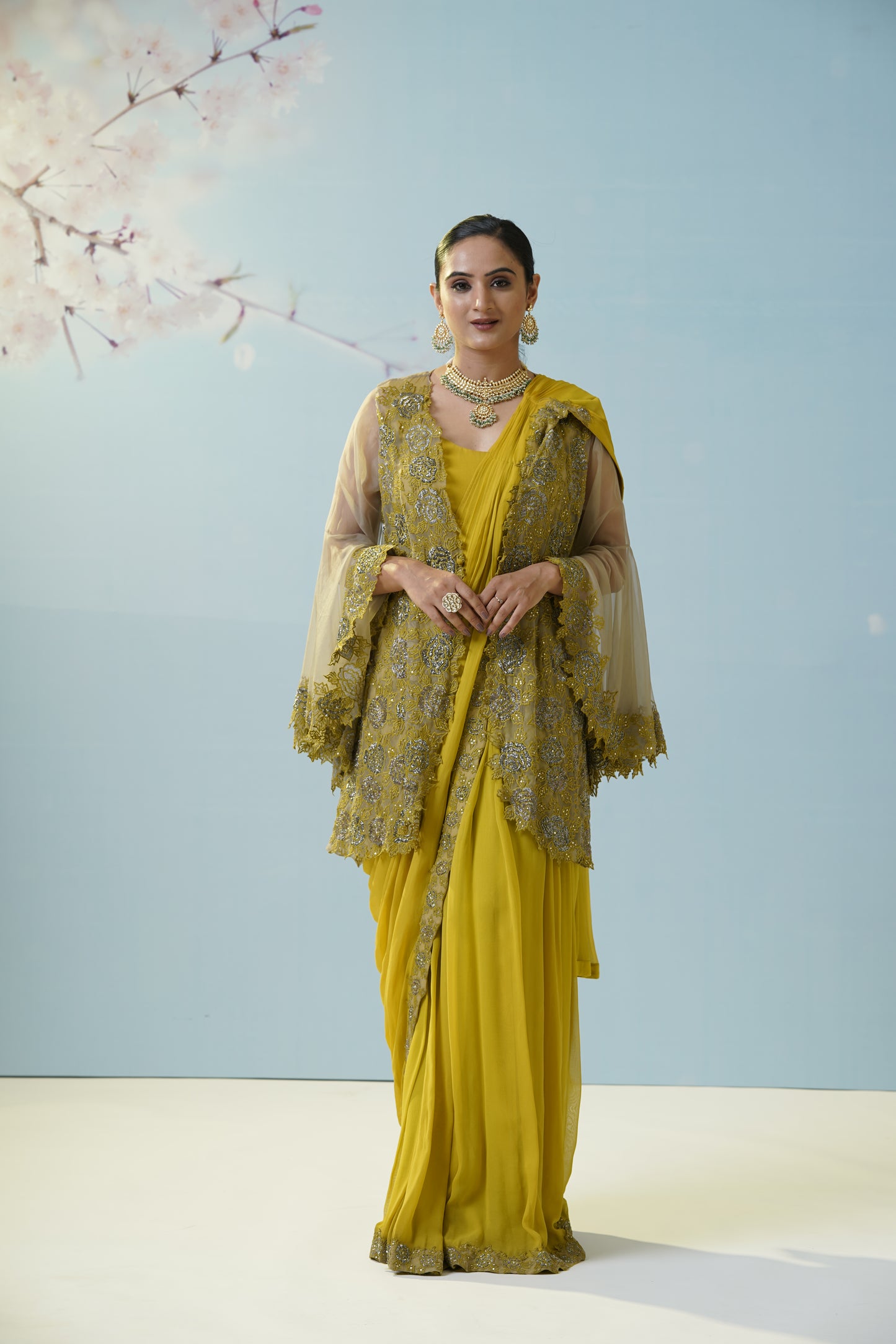 Lemon Yellow Net Saree With Embroidered Blouse