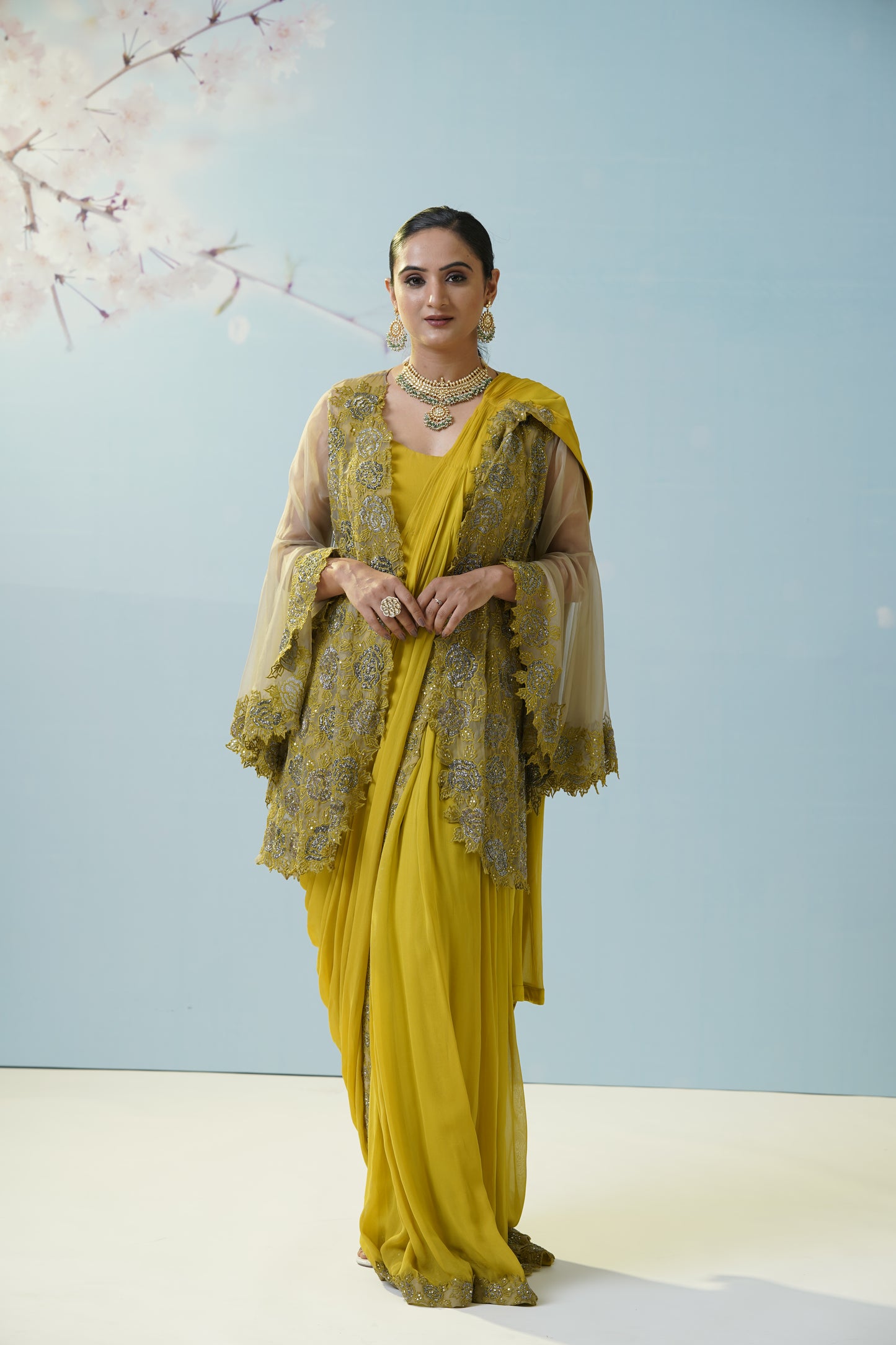 Lemon Yellow Net Saree With Embroidered Blouse