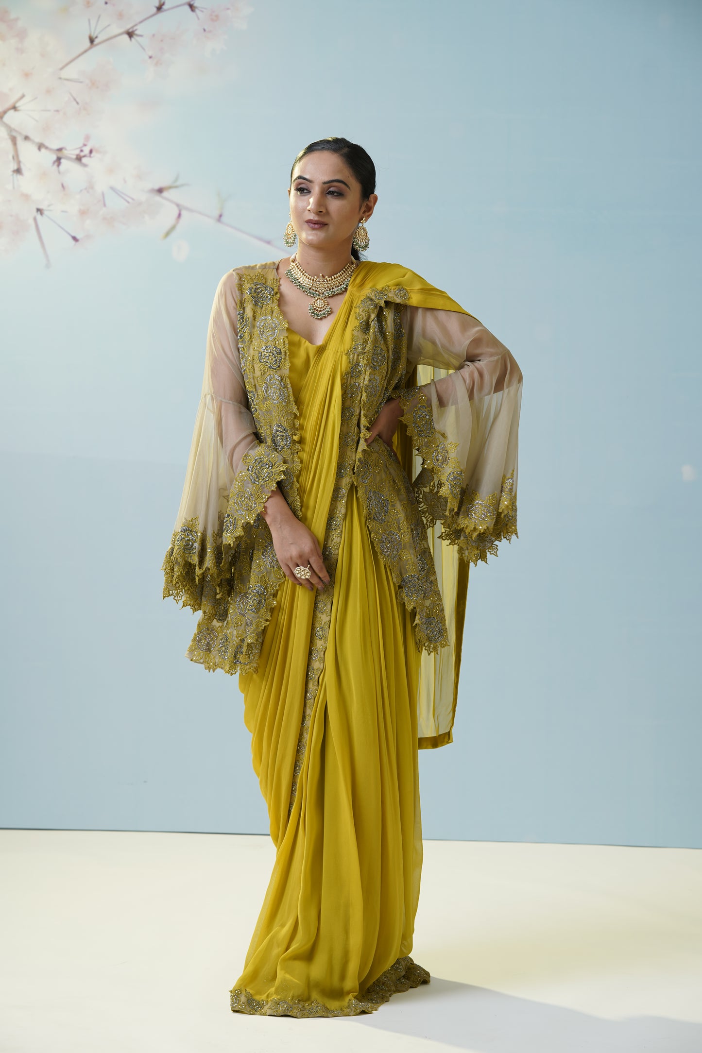 Lemon Yellow Net Saree With Embroidered Blouse