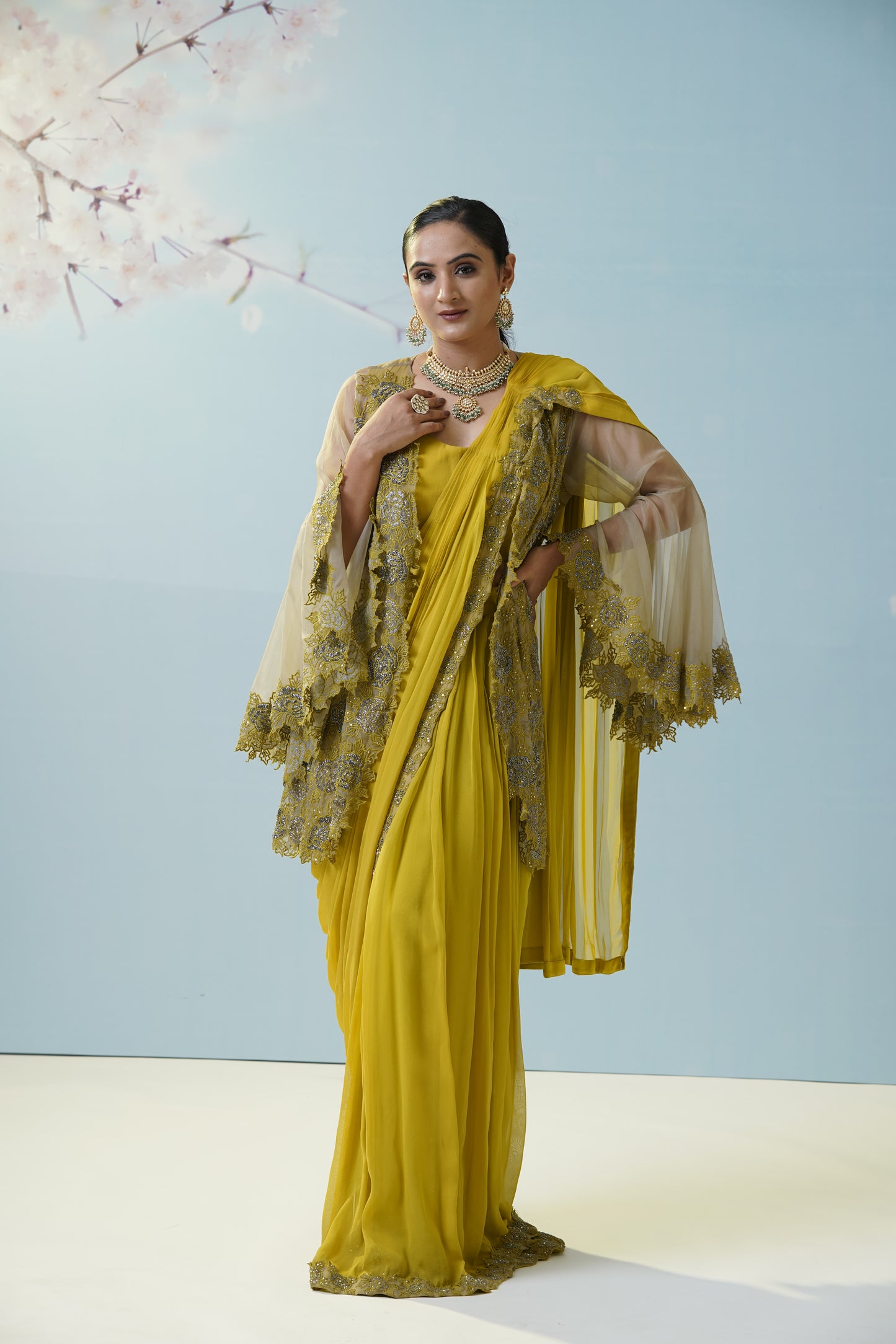 Lemon Yellow Net Saree With Embroidered Blouse