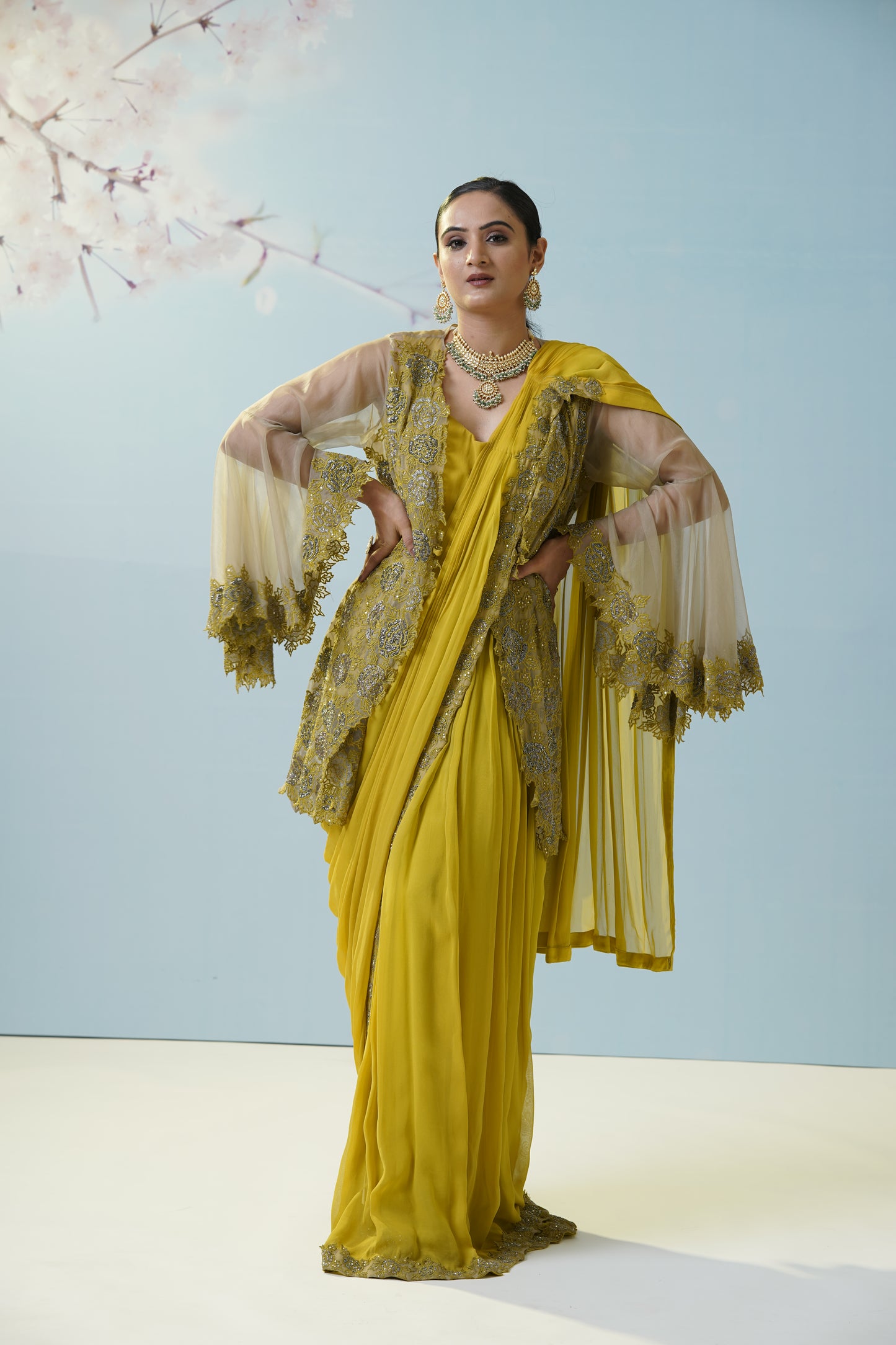 Lemon Yellow Net Saree With Embroidered Blouse