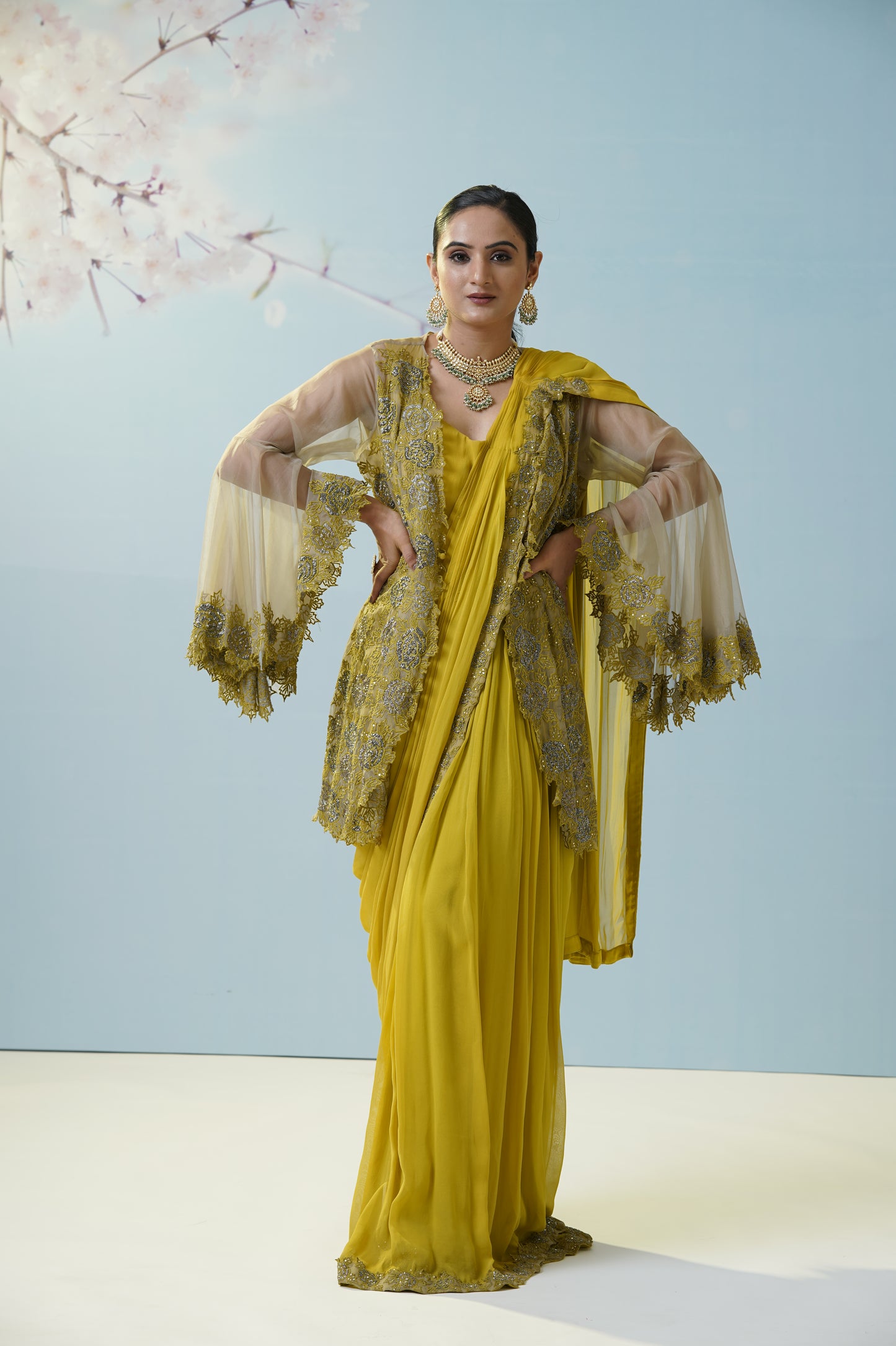 Lemon Yellow Net Saree With Embroidered Blouse