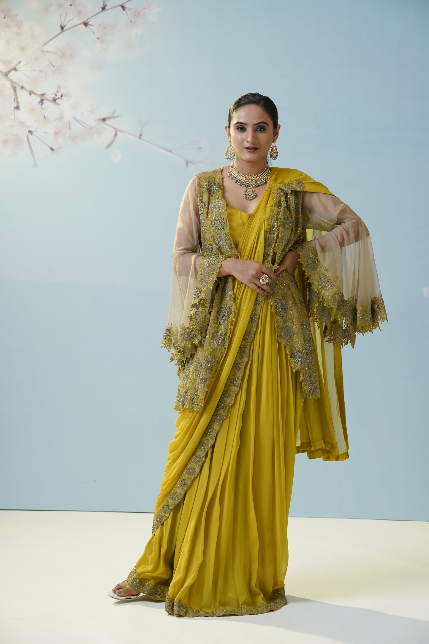 Lemon Yellow Net Saree With Embroidered Blouse