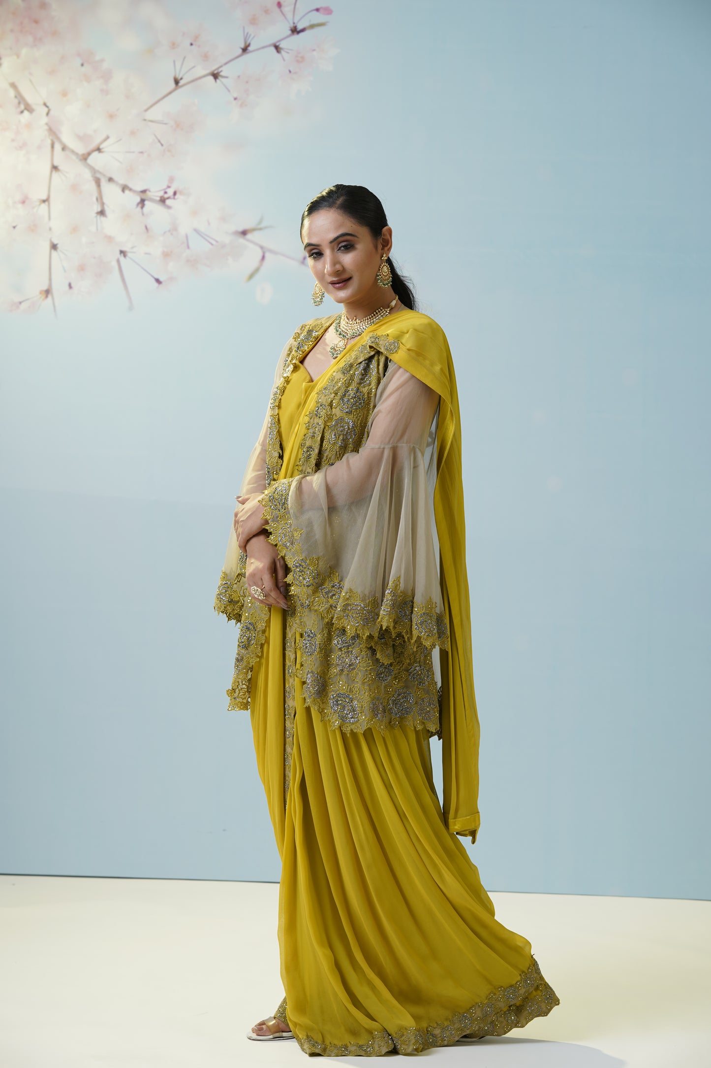 Lemon Yellow Net Saree With Embroidered Blouse